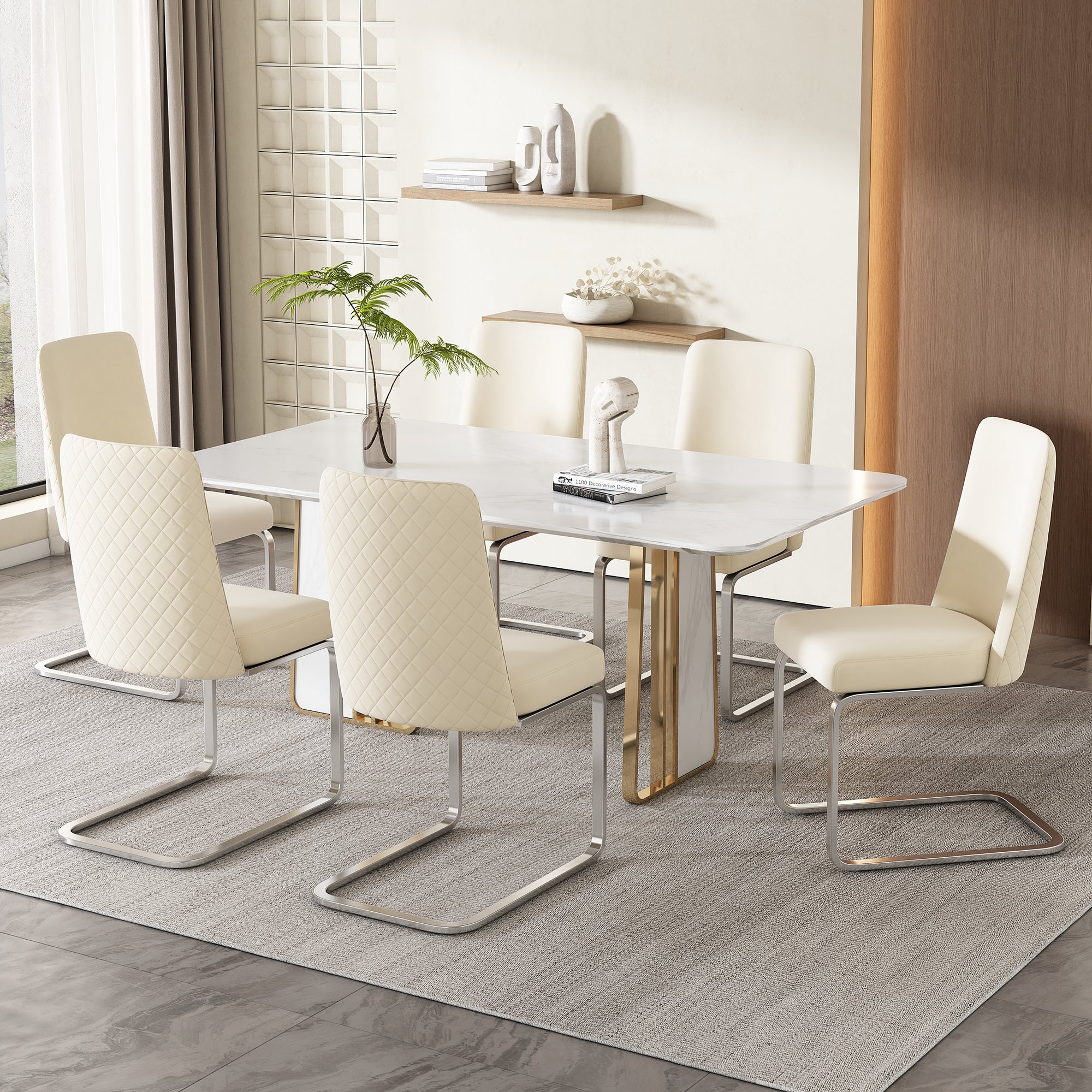 Velvet Dining Chair Set of 4, Diamond Back Silver Metal Legs, Beige - Image 5