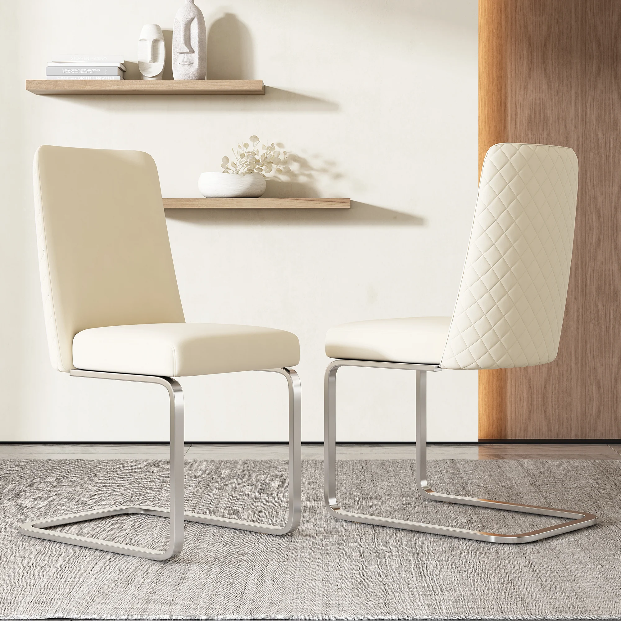 Velvet Dining Chair Set of 4, Diamond Back Silver Metal Legs, Beige - Image 6