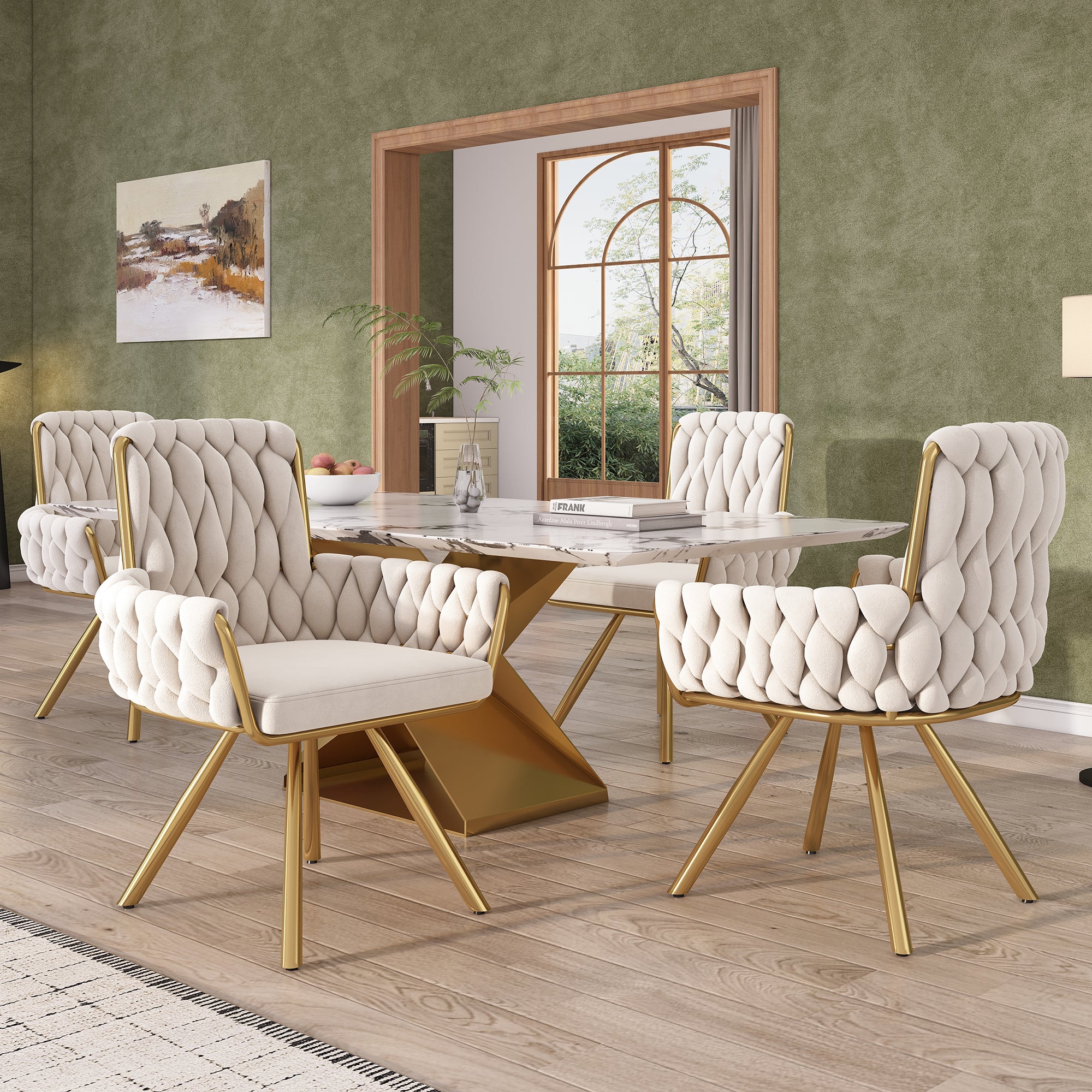 Velvet Dining Chair Set of 4, Luxury Swivel Armchair with Metal Legs, Beige Velvet