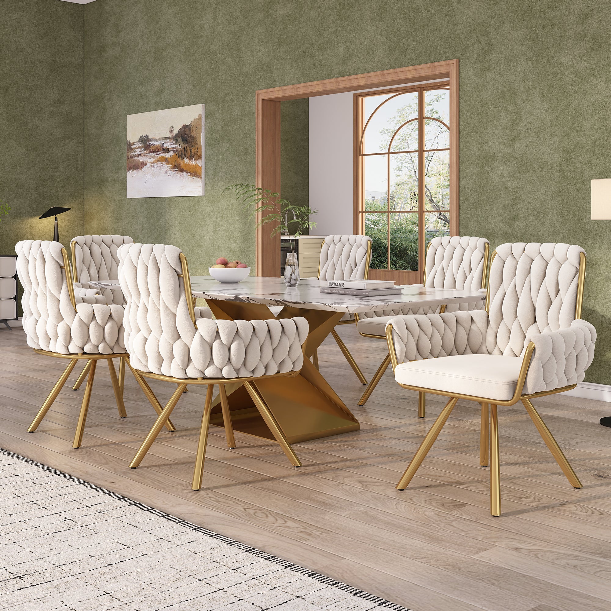 Velvet Dining Chair Set of 4, Luxury Swivel Armchair with Metal Legs, Beige Velvet - Image 2