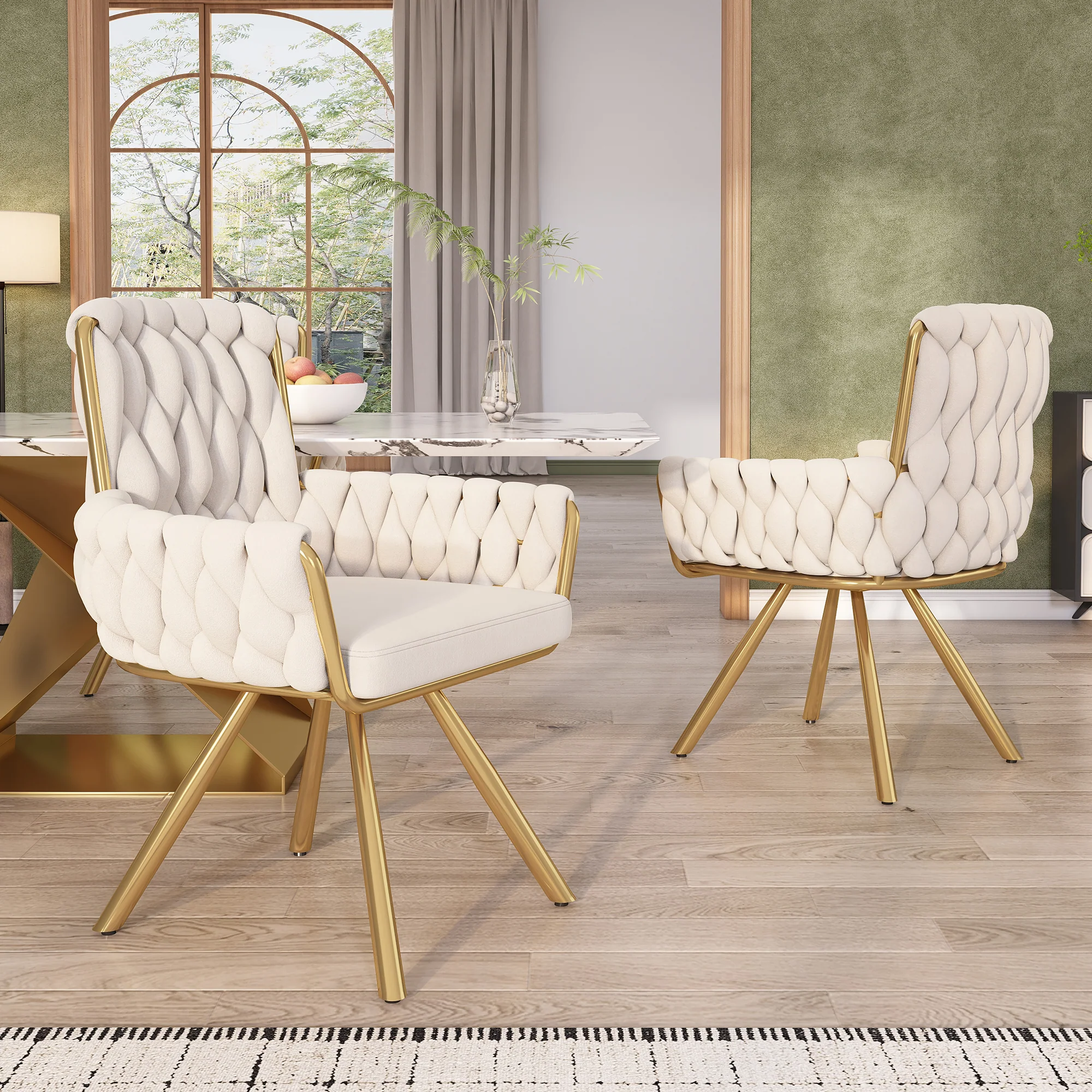 Velvet Dining Chair Set of 4, Luxury Swivel Armchair with Metal Legs, Beige Velvet - Image 3