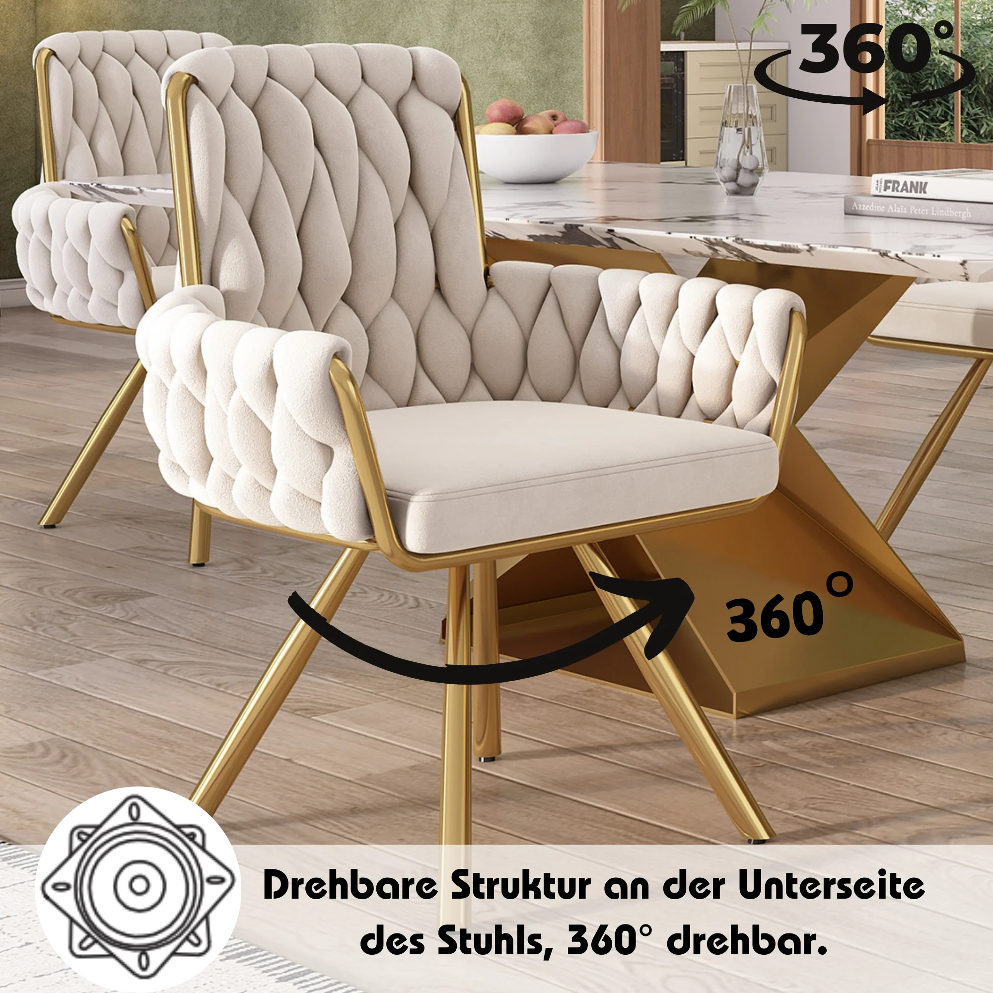 Velvet Dining Chair Set of 4, Luxury Swivel Armchair with Metal Legs, Beige Velvet - Image 4