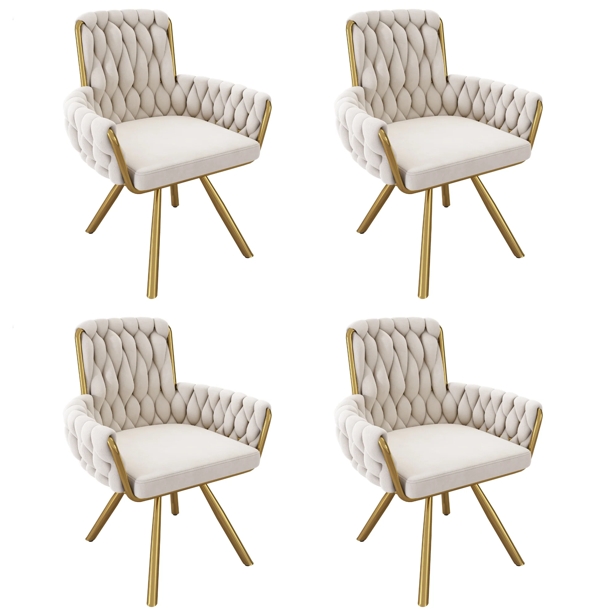 Velvet Dining Chair Set of 4, Luxury Swivel Armchair with Metal Legs, Beige Velvet - Image 5