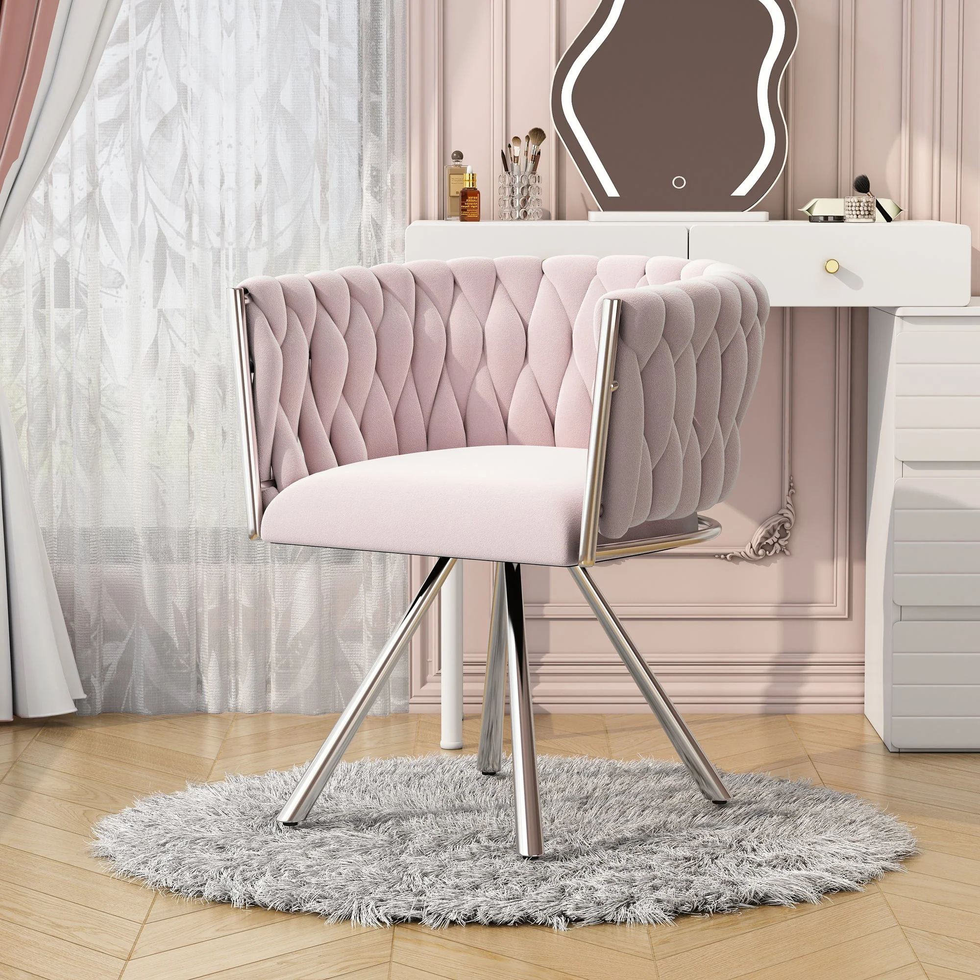 Velvet Dining Chair, Single Light Luxury Living Room Bedroom Swivel Chair with Four Metal Support Legs, Pink - Image 4