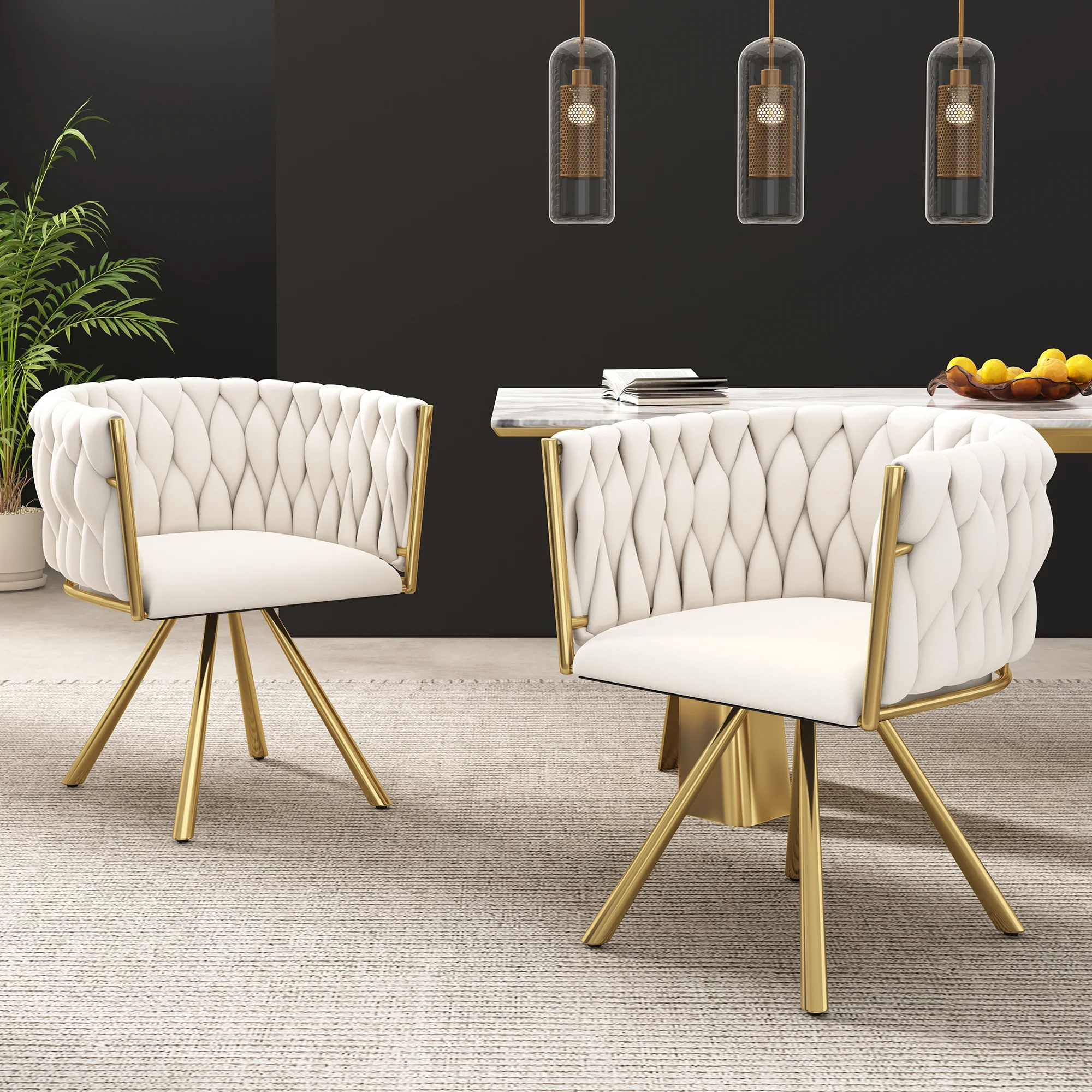Velvet Swivel Chair Set of 6 Metal Legs - Beige and Gold - Image 6