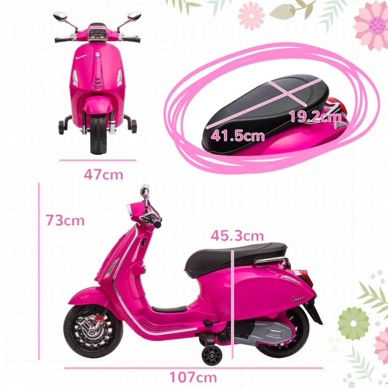 Vespa 12V Licensed Kids Electric Motorbike with Music, Headlights, FM Radio - Pink - Image 3