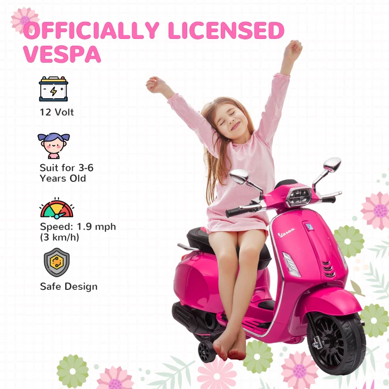 Vespa 12V Licensed Kids Electric Motorbike with Music, Headlights, FM Radio - Pink - Image 4