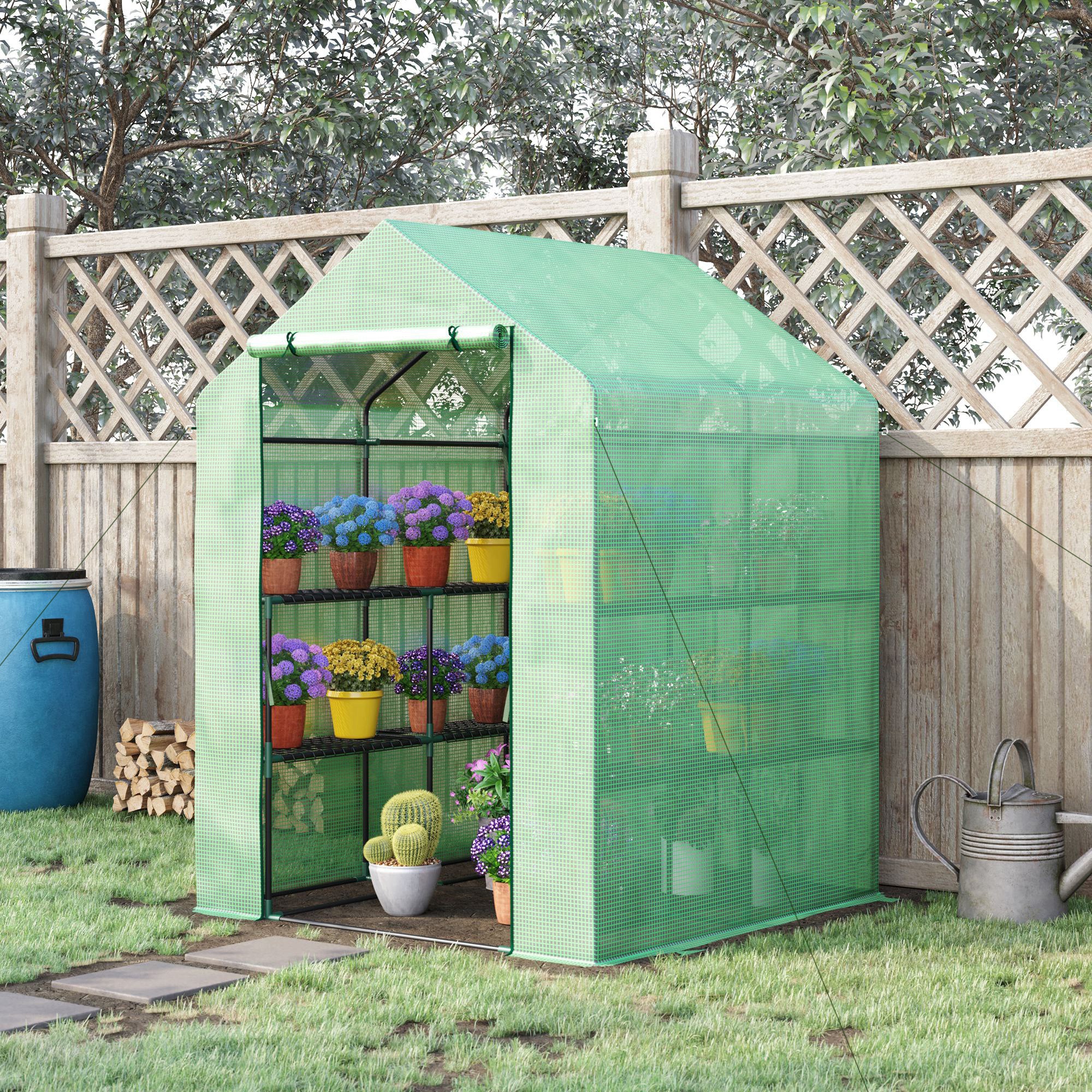 Walk in Greenhouse with Shelves, Steeple, Removable Cover, Green