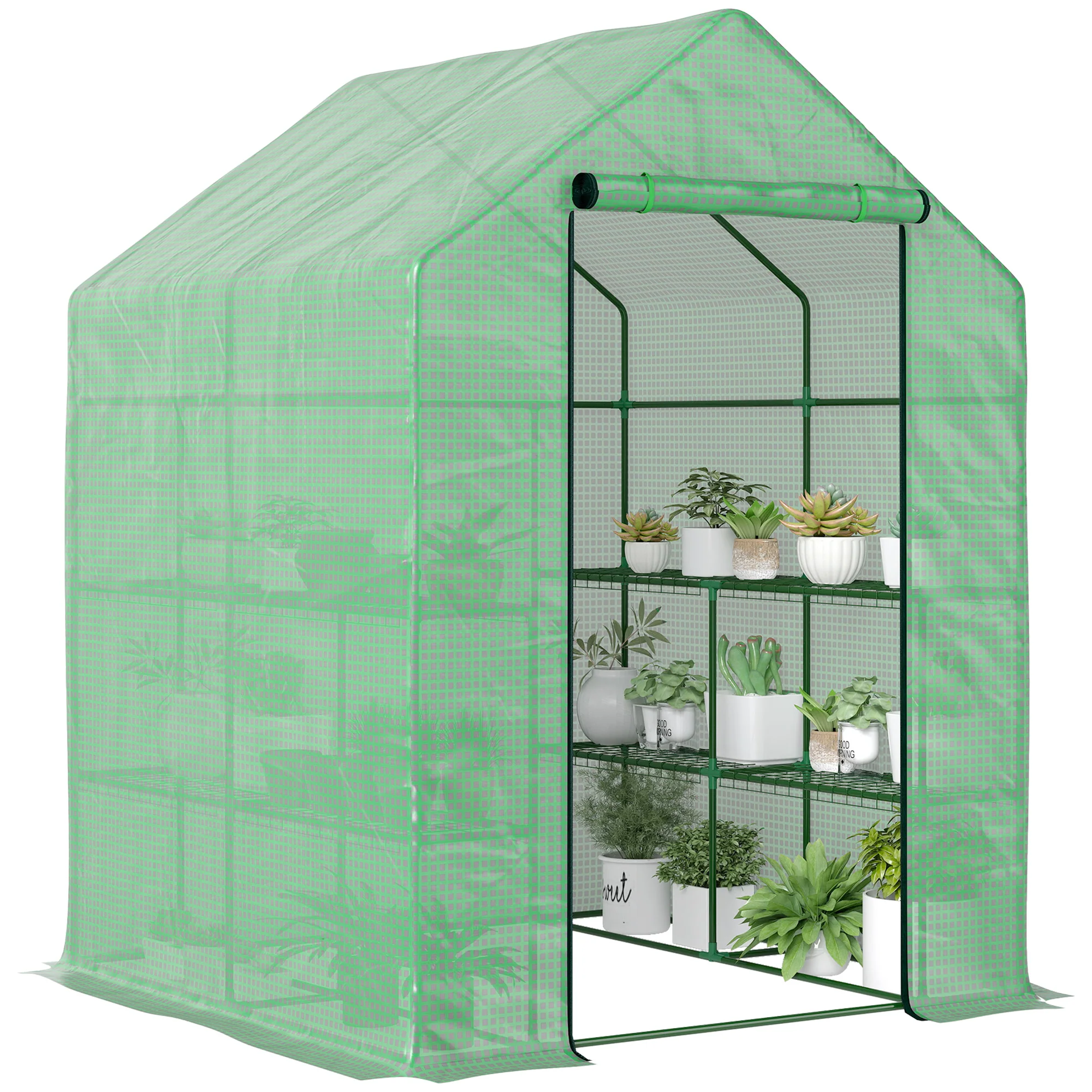 Walk in Greenhouse with Shelves, Steeple, Removable Cover, Green - Image 2