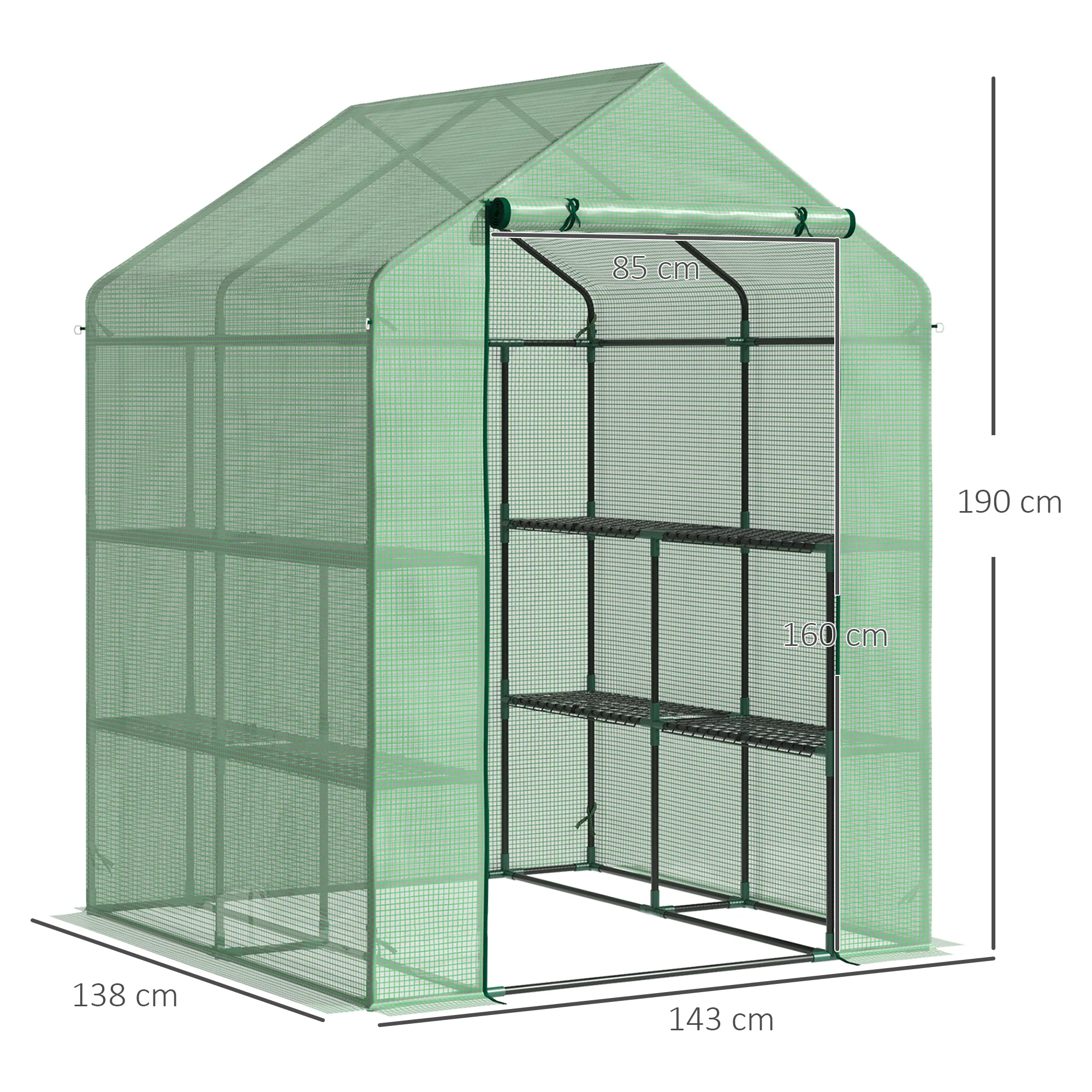 Walk in Greenhouse with Shelves, Steeple, Removable Cover, Green - Image 3