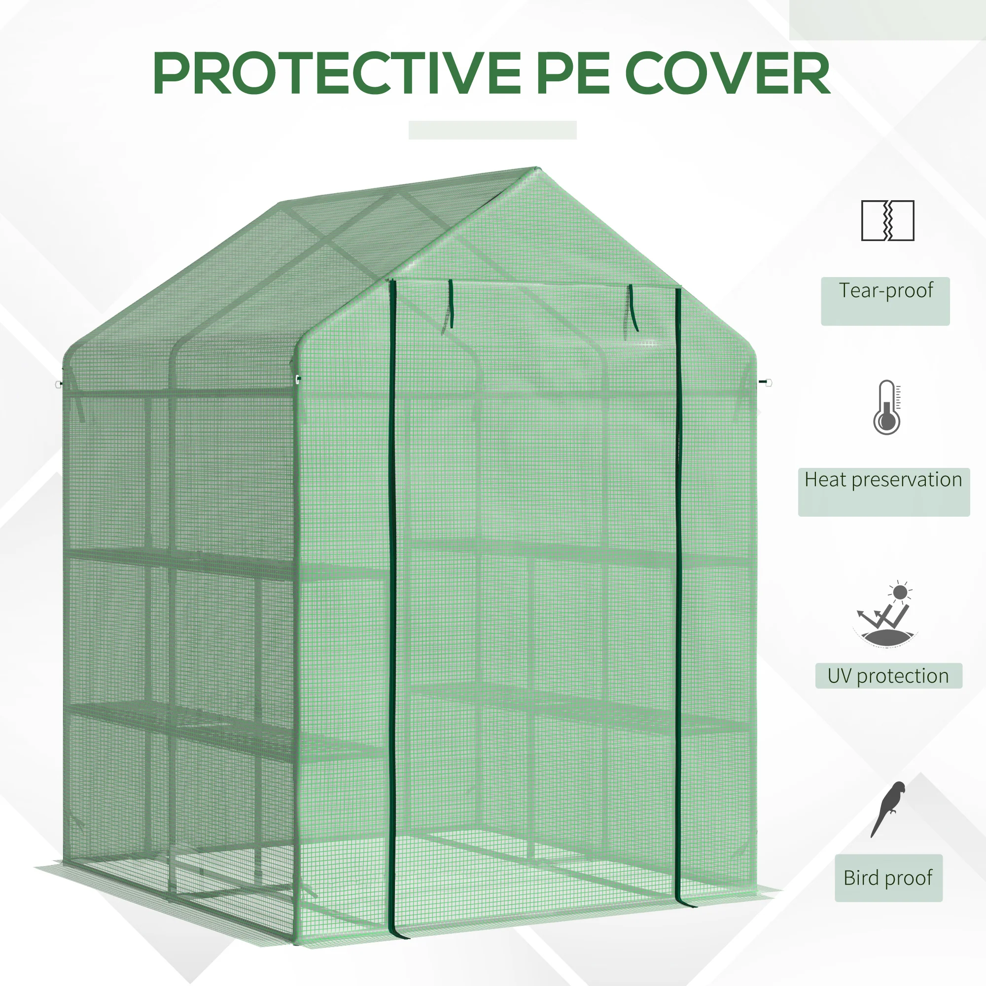 Walk in Greenhouse with Shelves, Steeple, Removable Cover, Green - Image 4