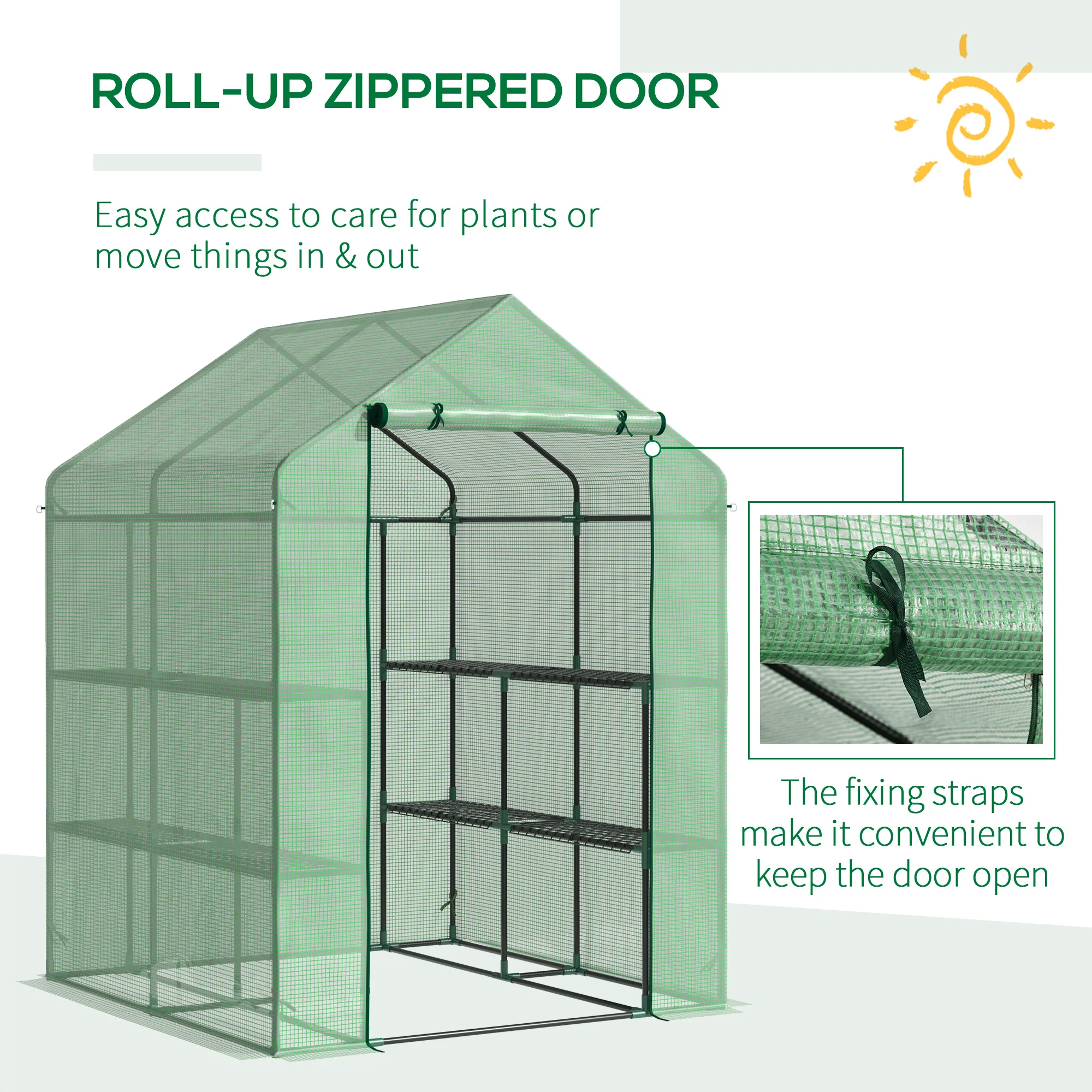 Walk in Greenhouse with Shelves, Steeple, Removable Cover, Green - Image 5