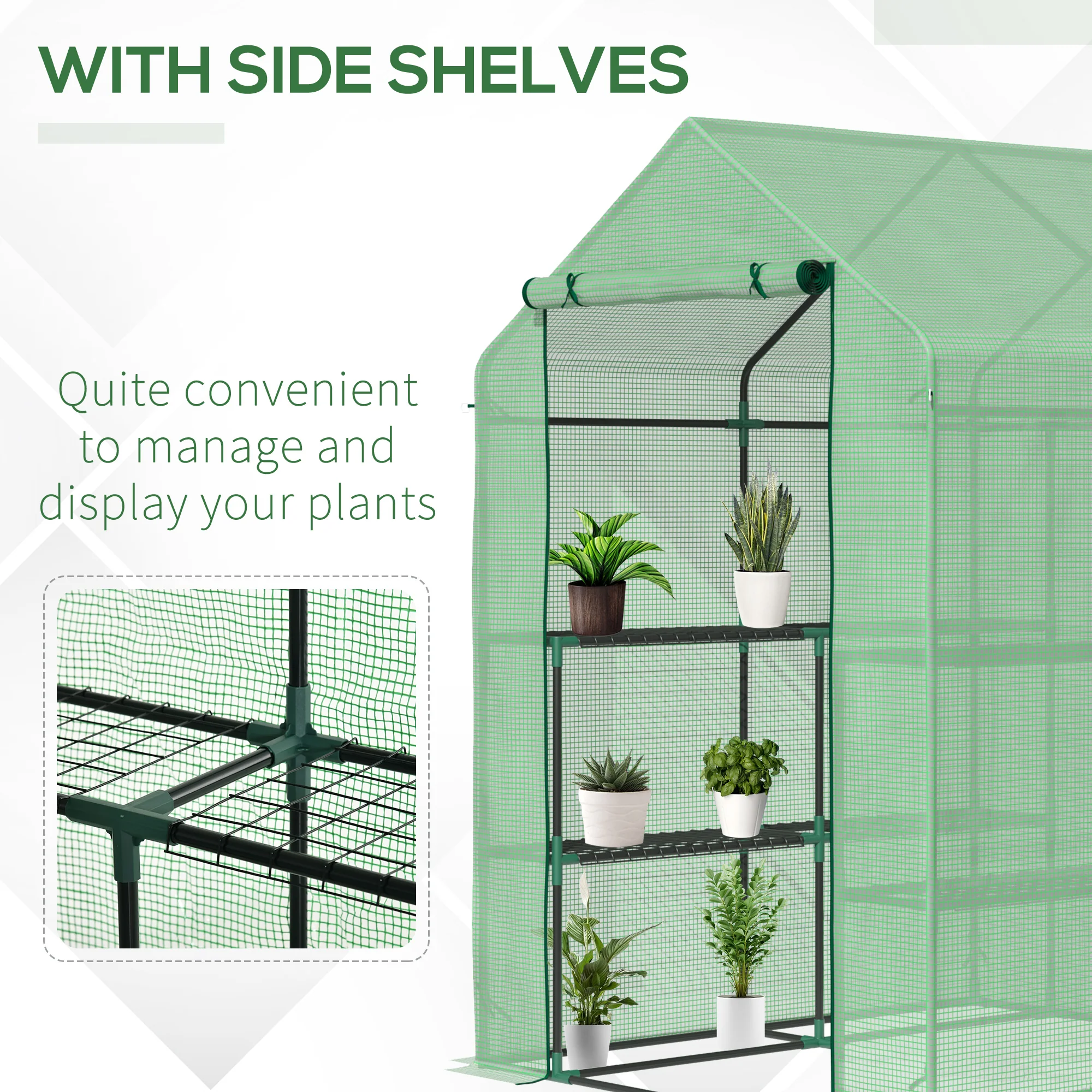 Walk in Greenhouse with Shelves, Steeple, Removable Cover, Green - Image 6