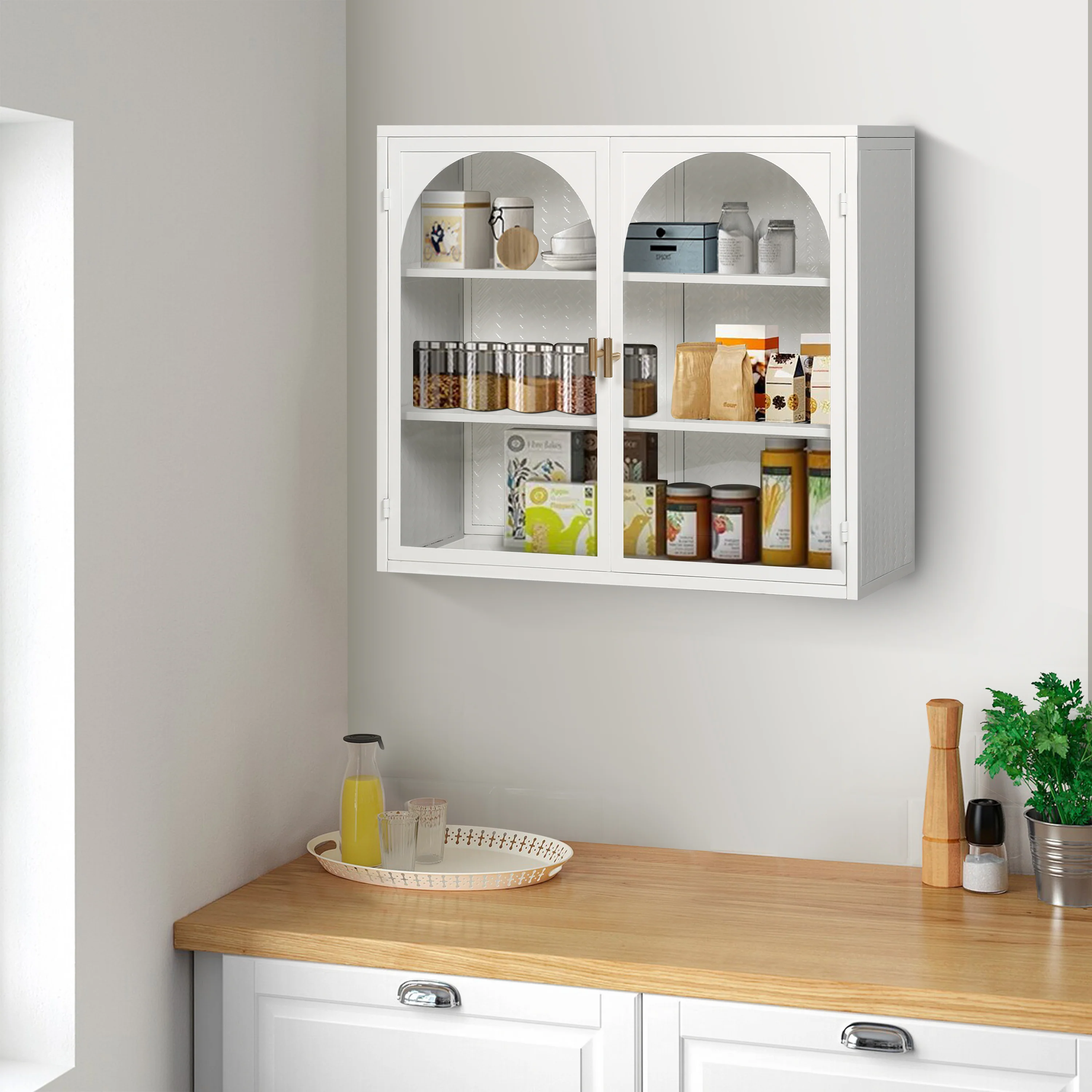 Wall Cabinet 70CM Two-door Three-tier Glass Woven Pattern White