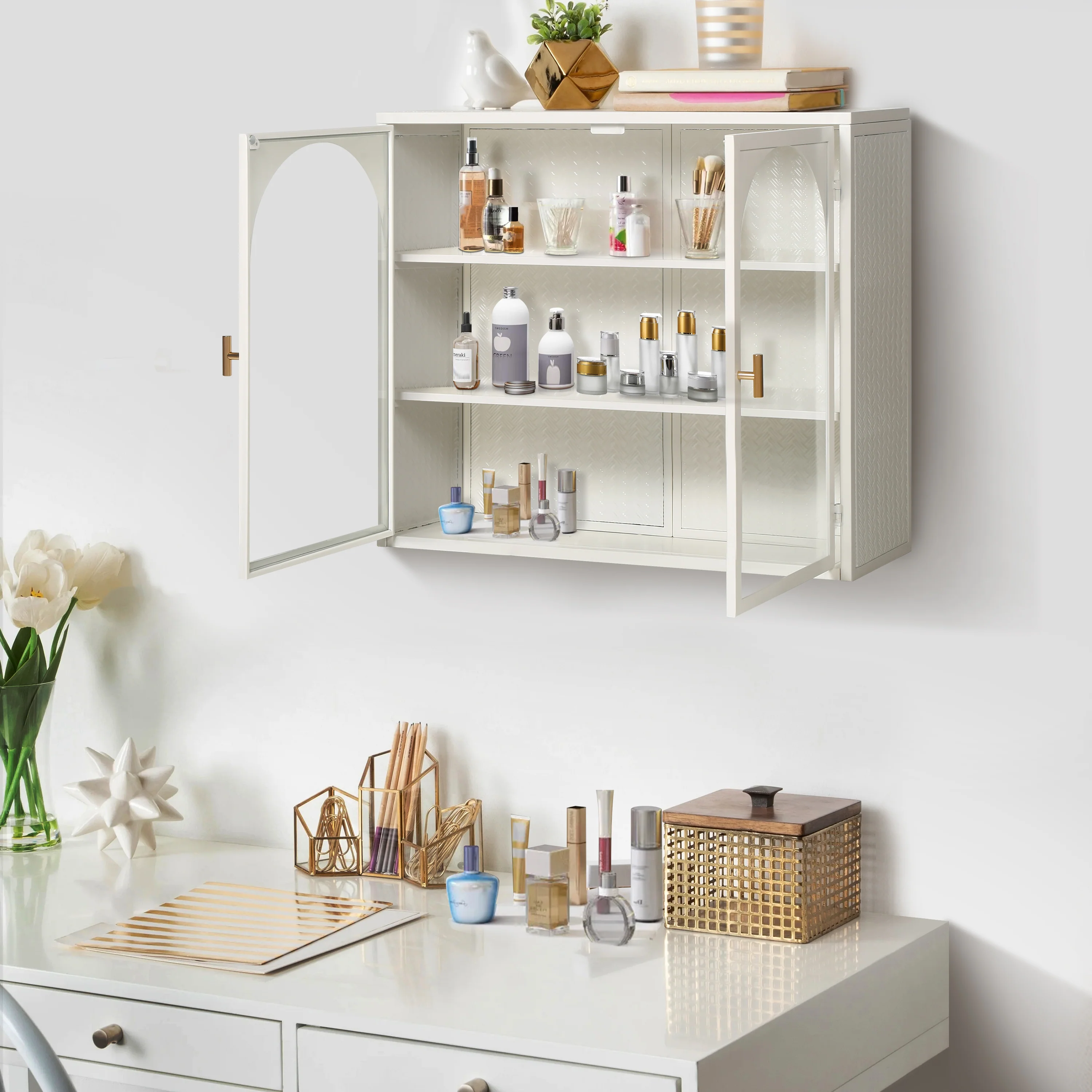 Wall Cabinet 70CM Two-door Three-tier Glass Woven Pattern White - Image 3