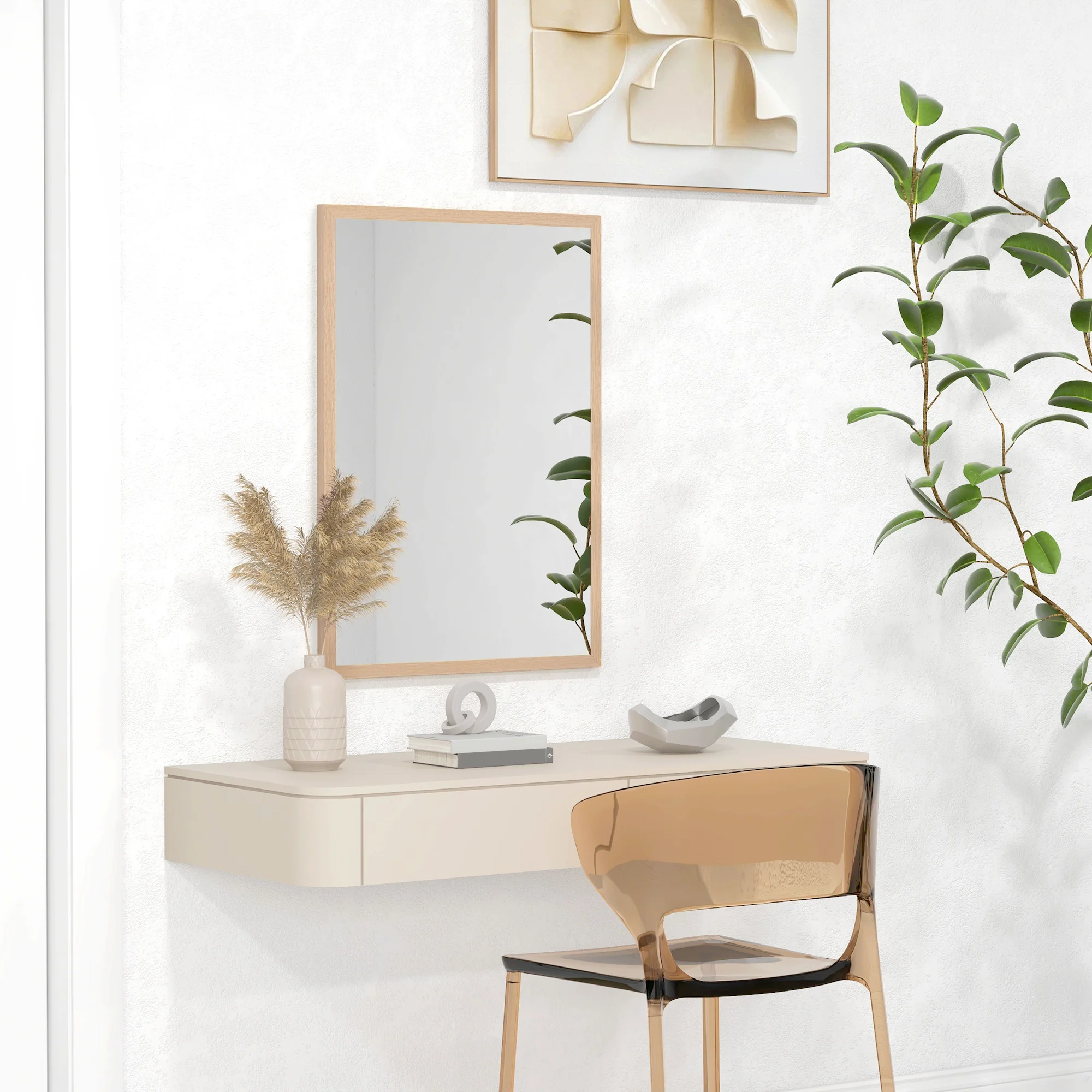 Wall Mirror, 50x70cm Decorative with 4 Hooks, Rectangular