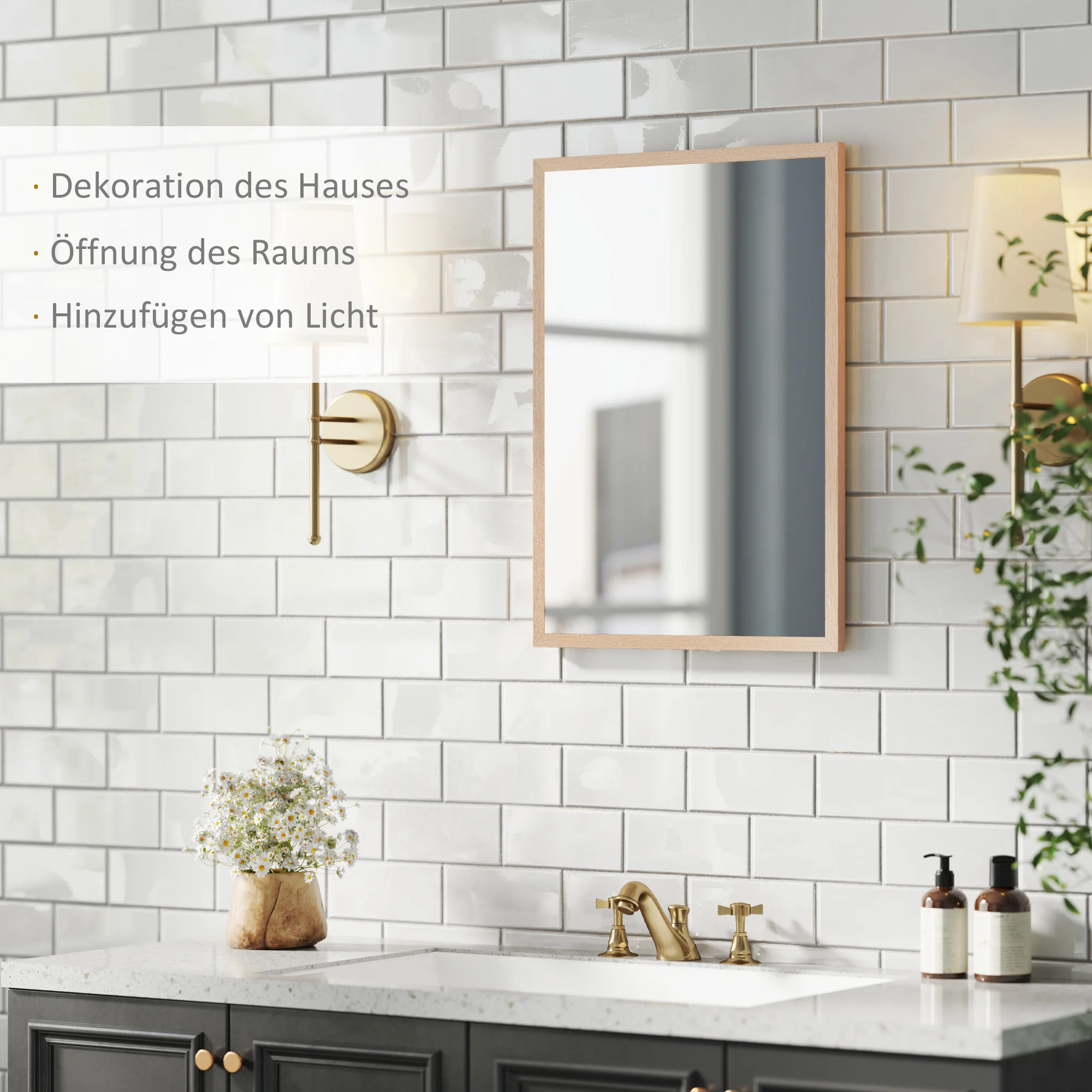 Wall Mirror, 50x70cm Decorative with 4 Hooks, Rectangular - Image 4