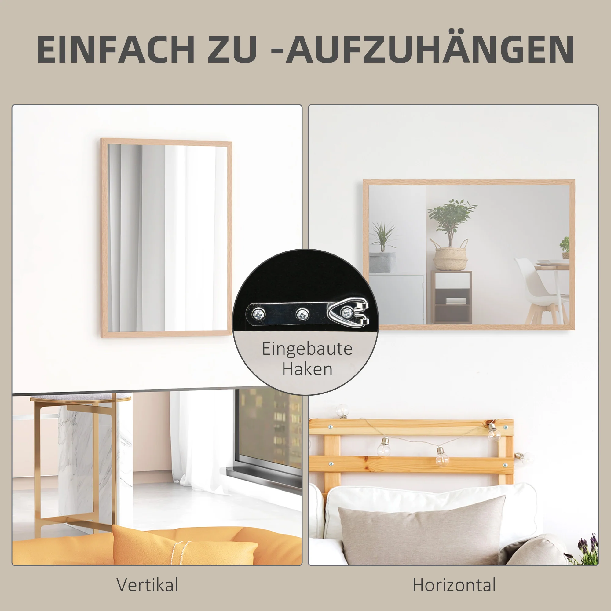 Wall Mirror, 50x70cm Decorative with 4 Hooks, Rectangular - Image 5
