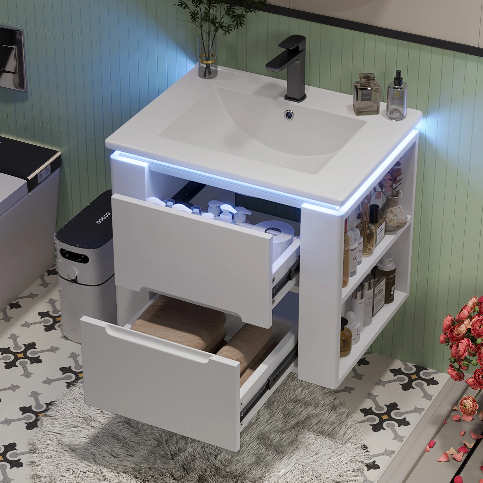 Wall-Mounted Bathroom Cabinet with LED Sensor Lighting and Integrated Sink, White