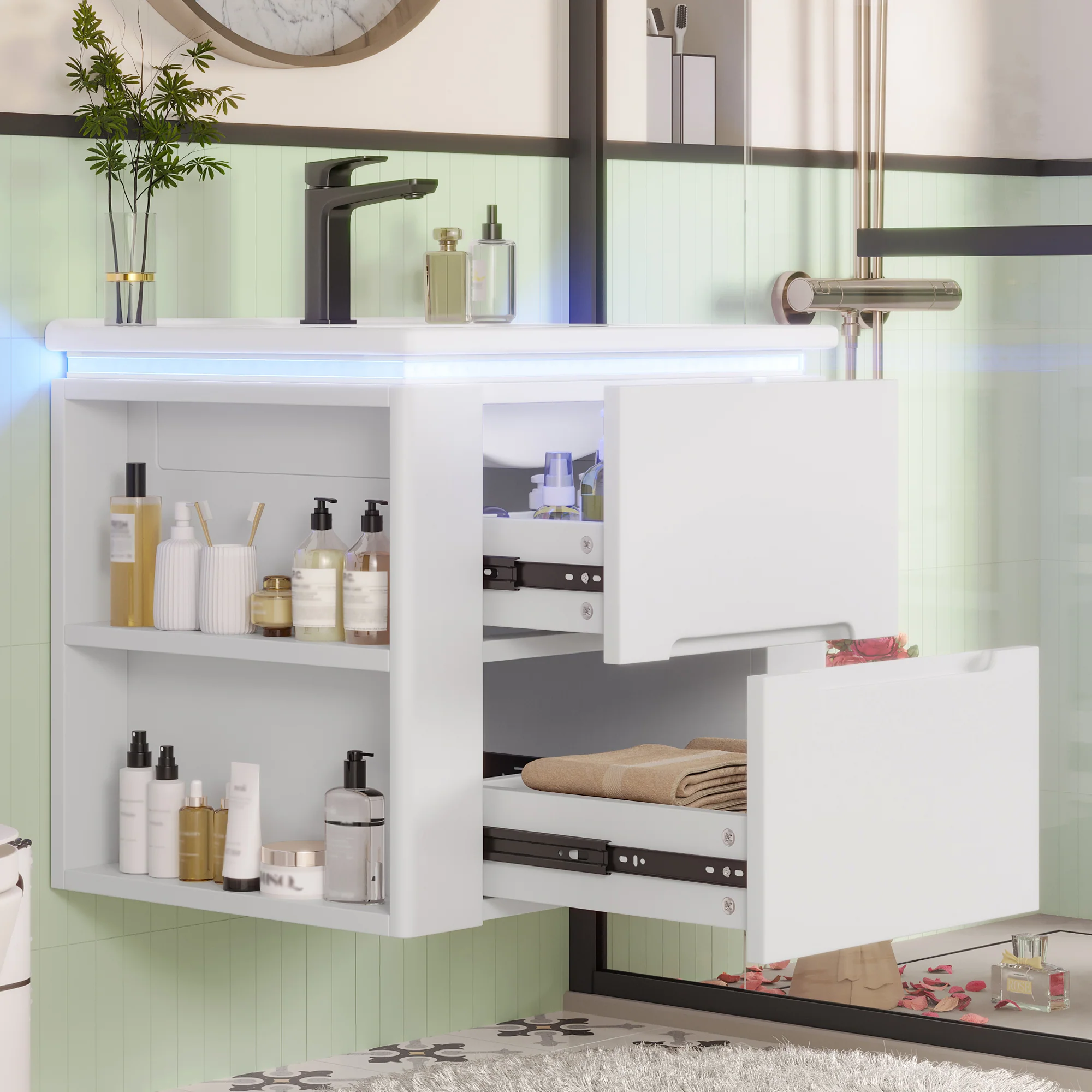 Wall-Mounted Bathroom Cabinet with LED Sensor Lighting and Integrated Sink, White - Image 2
