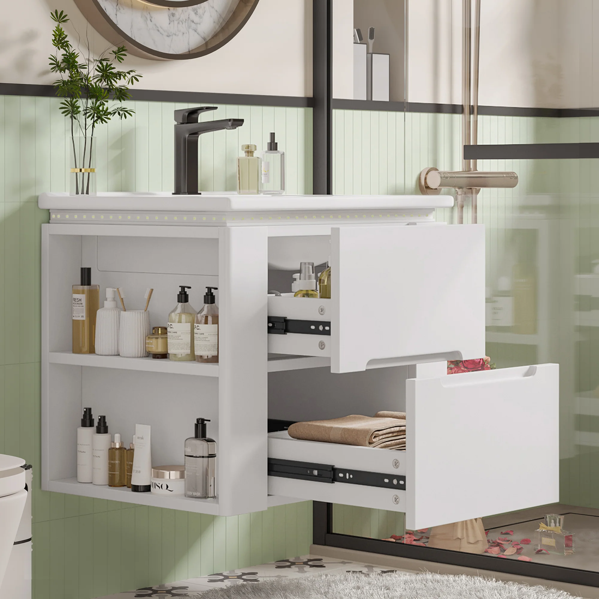 Wall-Mounted Bathroom Cabinet with LED Sensor Lighting and Integrated Sink, White - Image 3