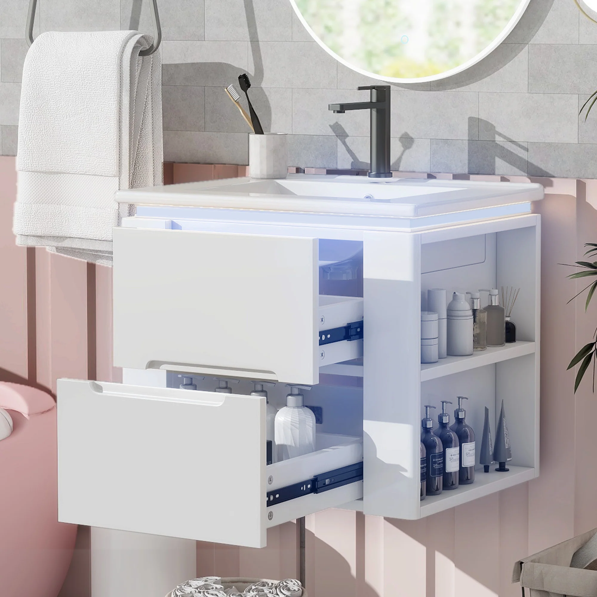 Wall-Mounted Bathroom Cabinet with LED Sensor Lighting and Integrated Sink, White - Image 4