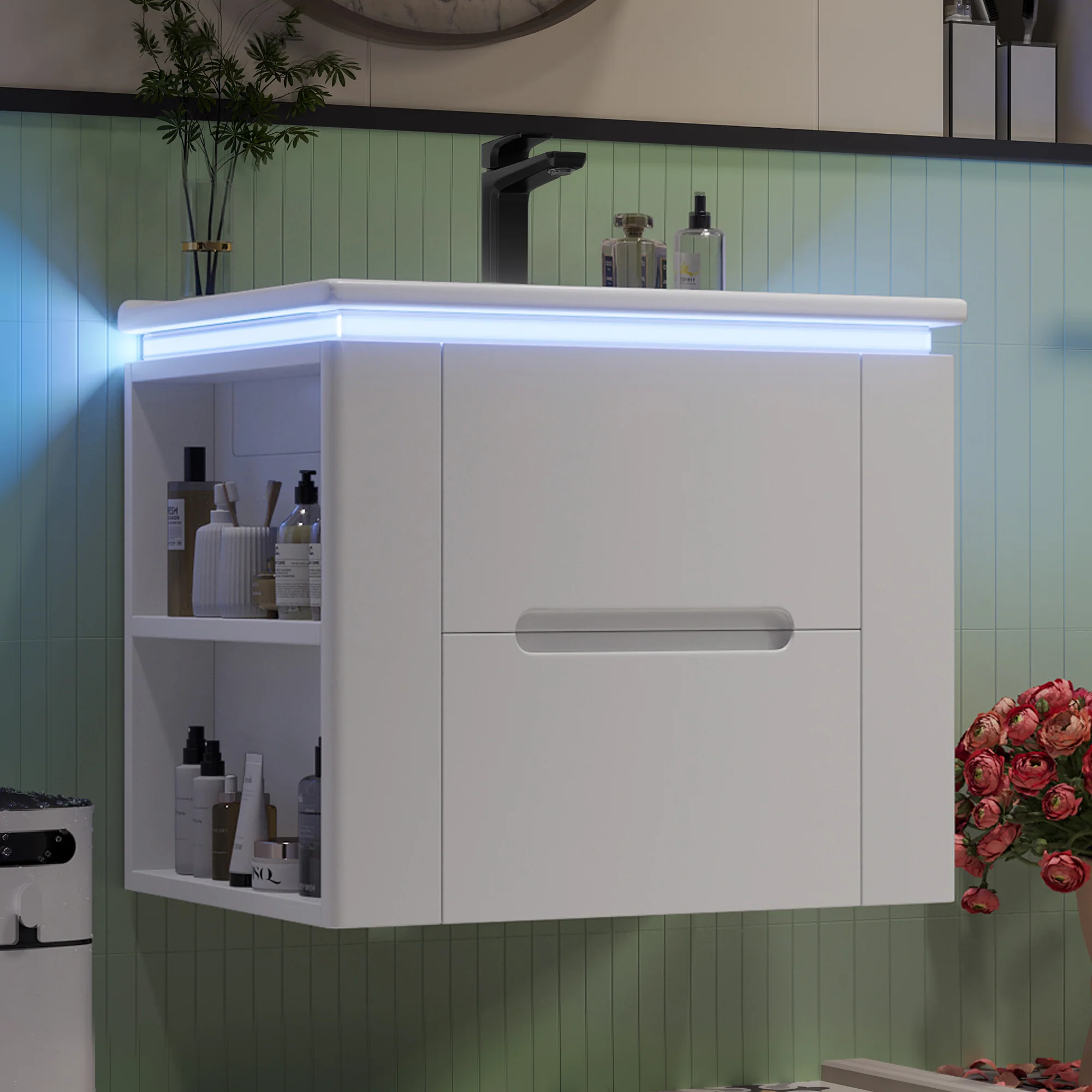 Wall-Mounted Bathroom Cabinet with LED Sensor Lighting and Integrated Sink, White - Image 5