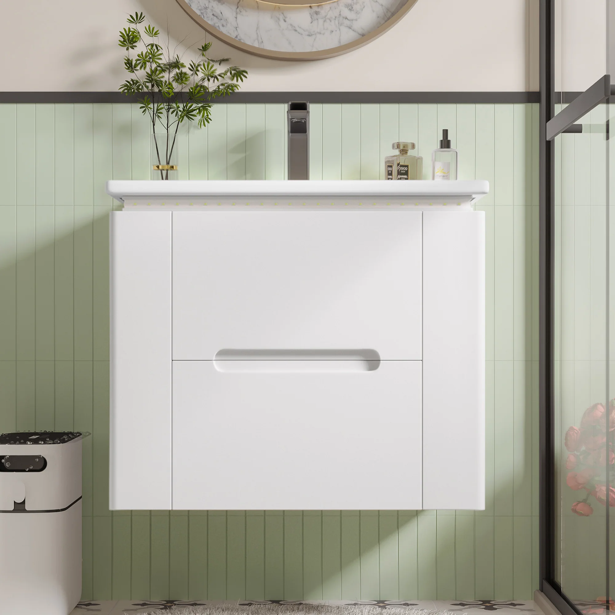 Wall-Mounted Bathroom Cabinet with LED Sensor Lighting and Integrated Sink, White - Image 6