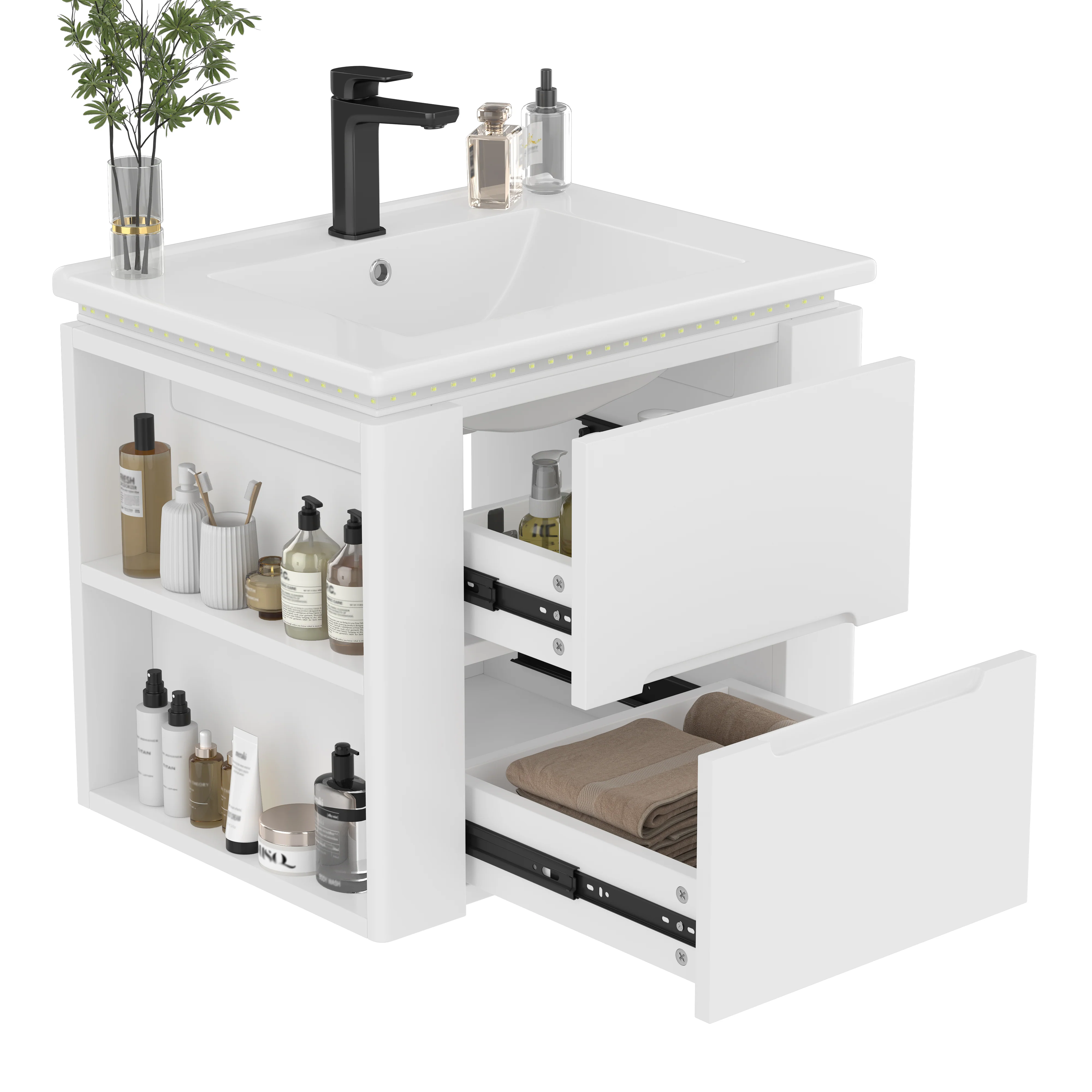 Wall-Mounted Bathroom Cabinet with LED Sensor Lighting and Integrated Sink, White - Image 7