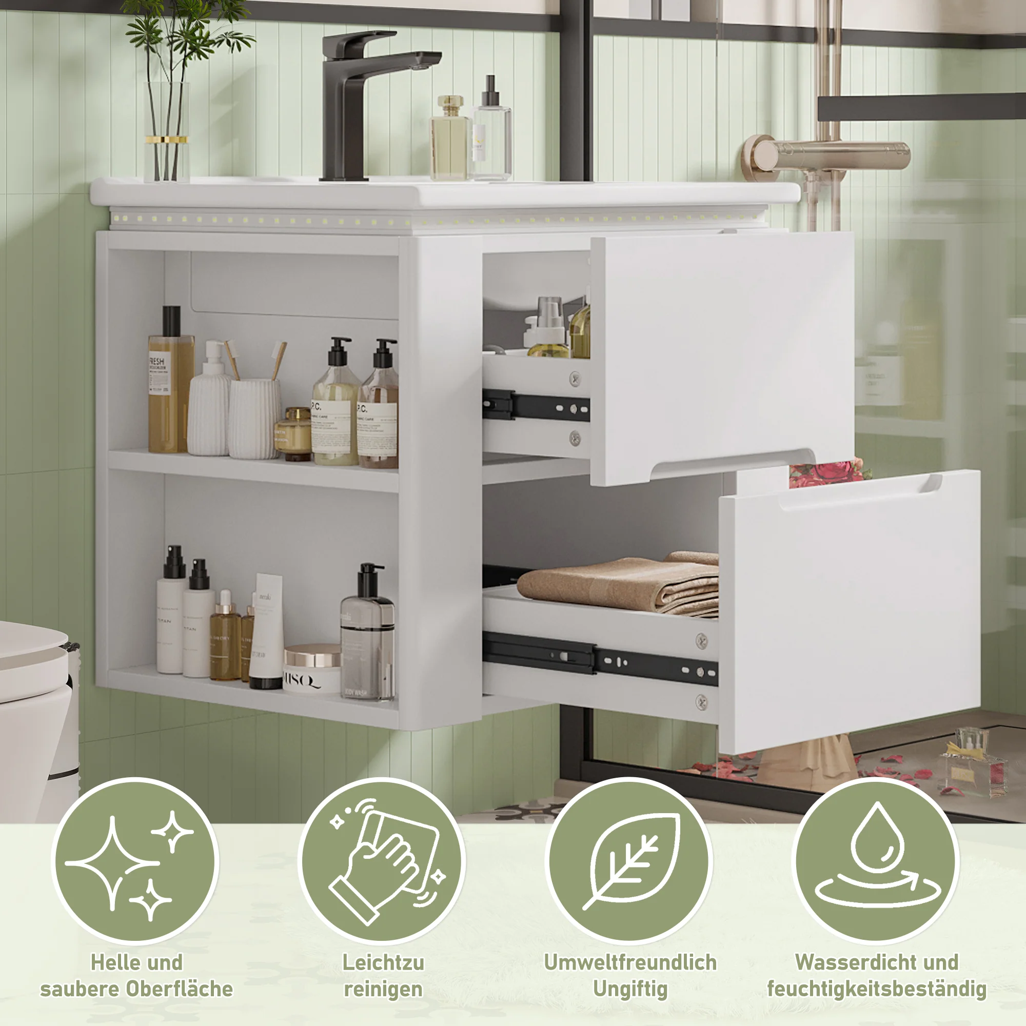 Wall-Mounted Bathroom Cabinet with LED Sensor Lighting and Integrated Sink, White - Image 9