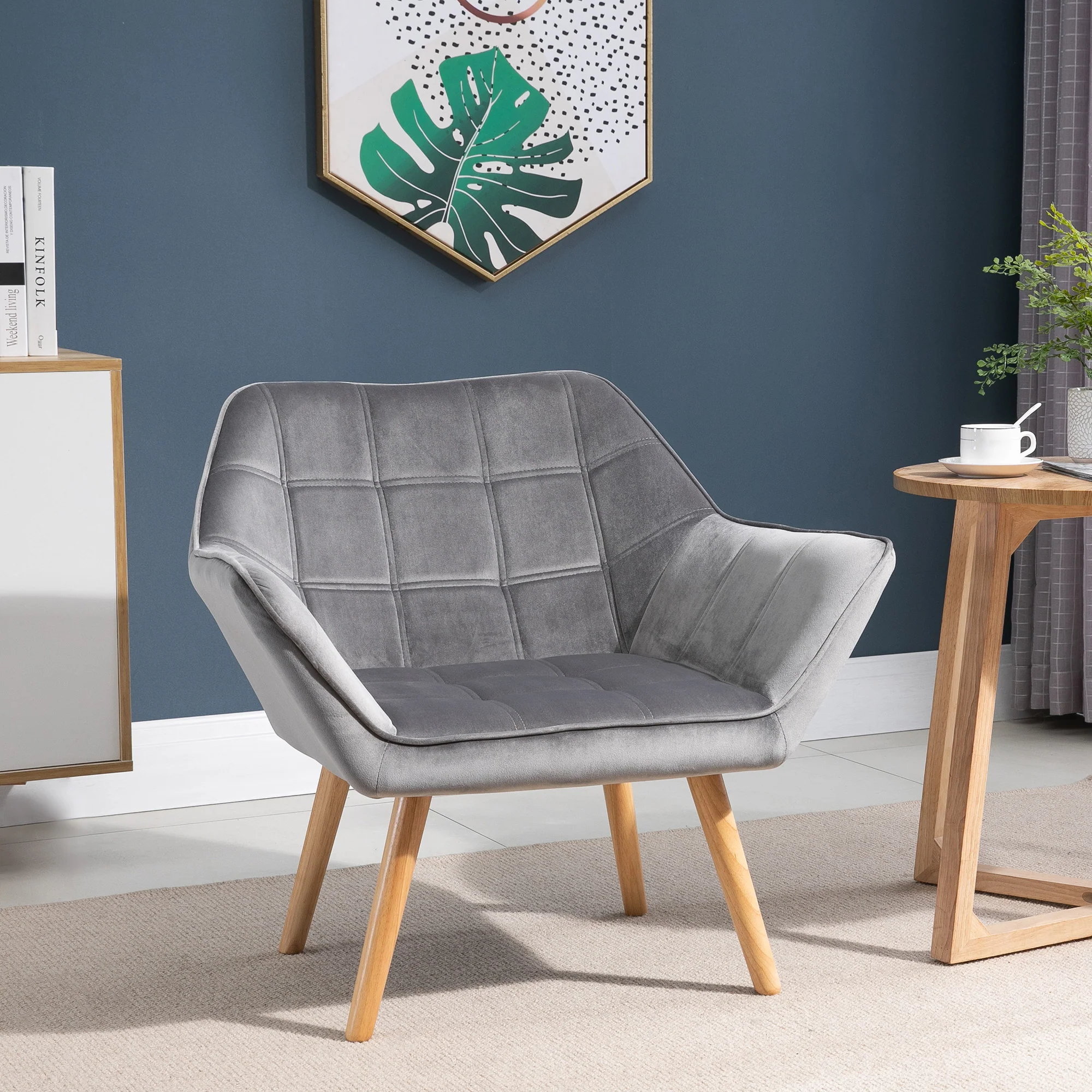 Wingback Chair, Single Recliner with Raised Legs, Velvet Grey