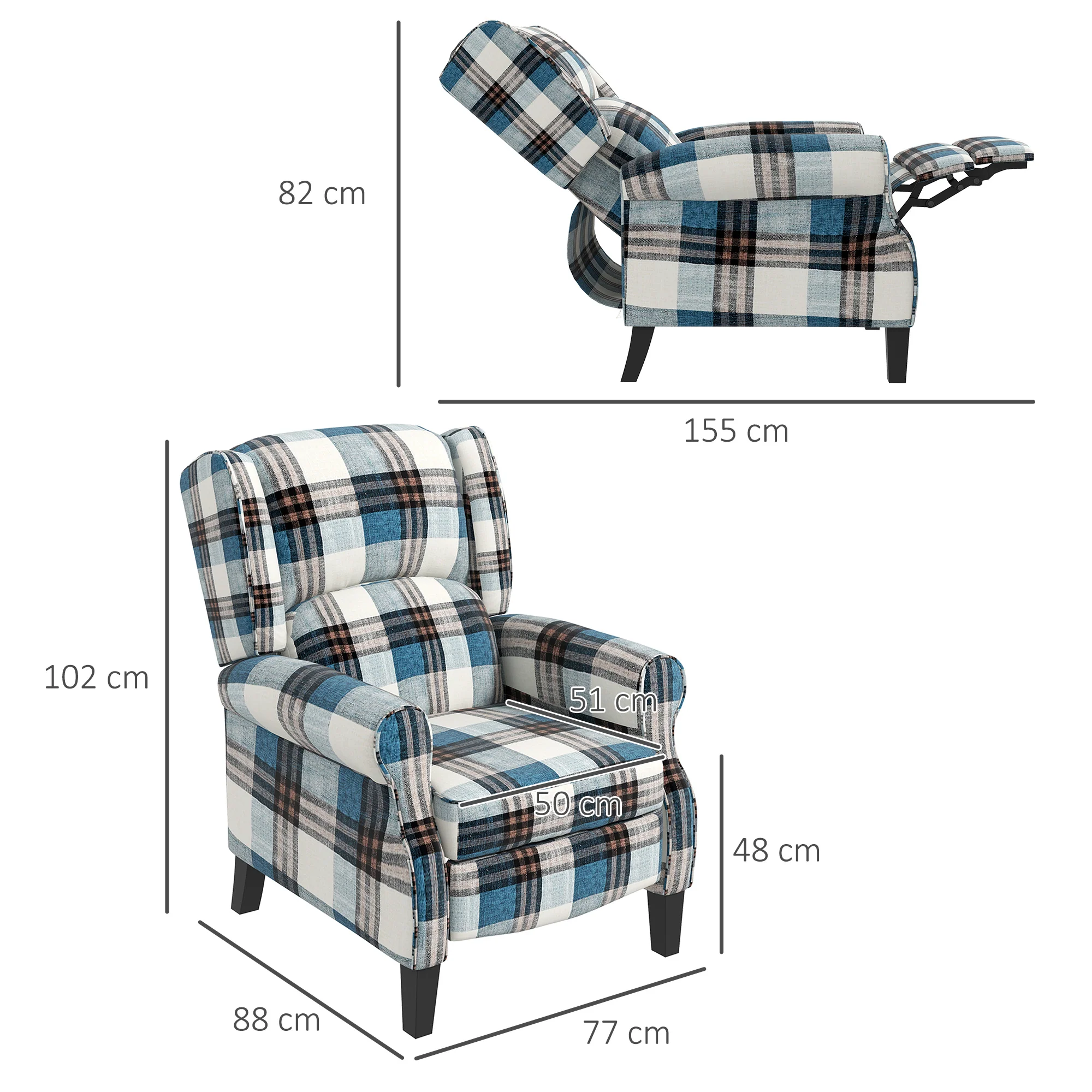Wingback Reclining Chair Push Back Armchair with Footrest Wood Legs Blue - Image 3
