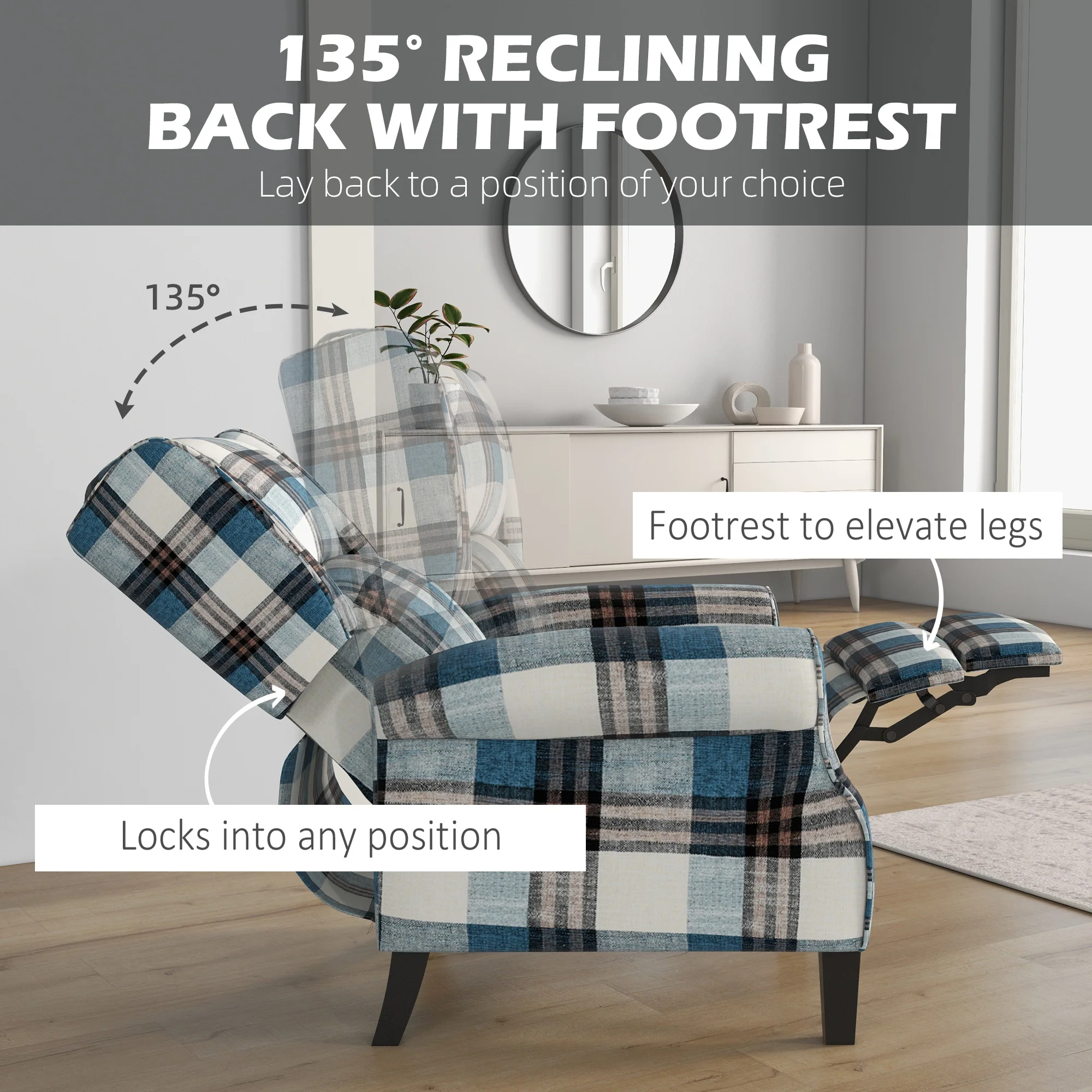 Wingback Reclining Chair Push Back Armchair with Footrest Wood Legs Blue - Image 4