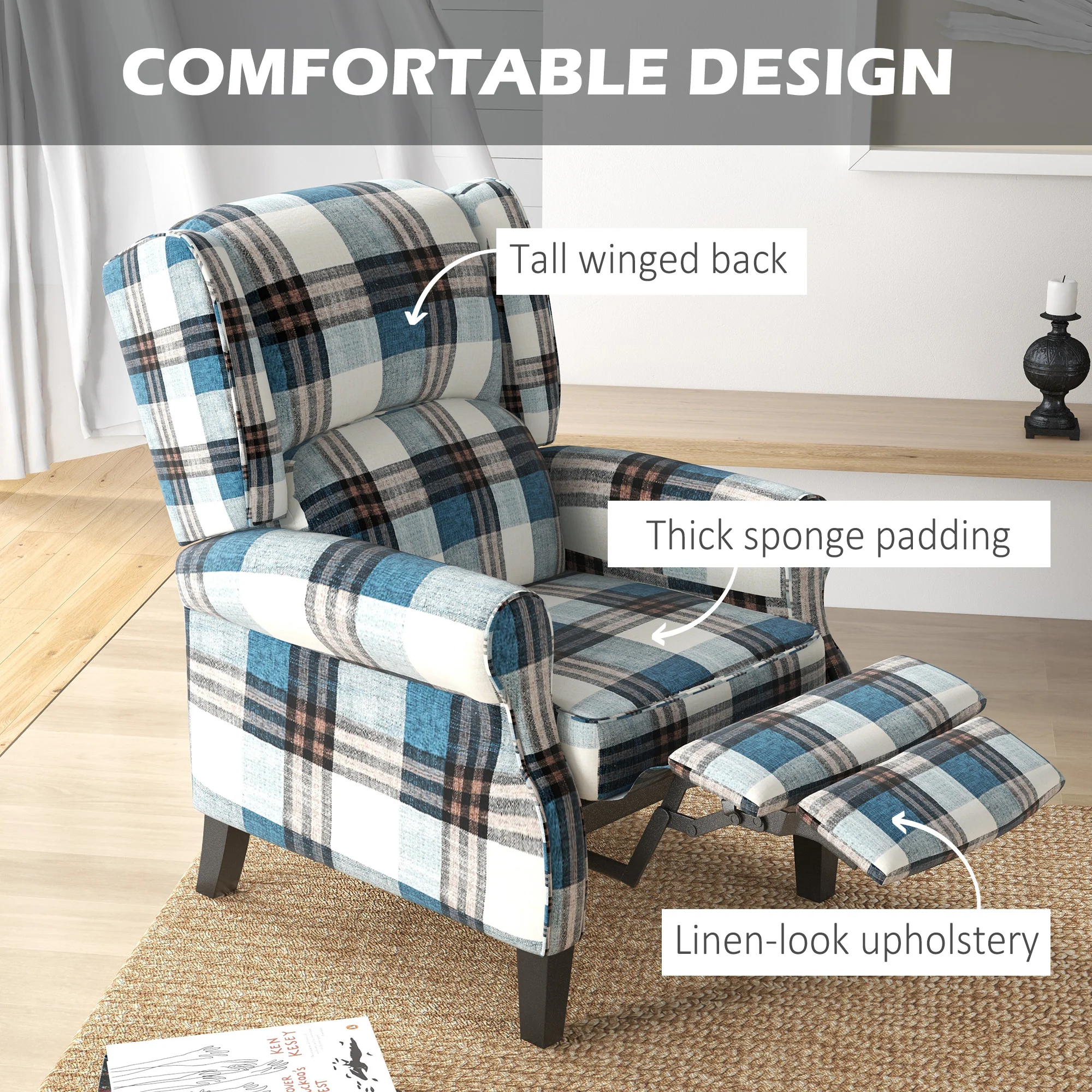 Wingback Reclining Chair Push Back Armchair with Footrest Wood Legs Blue - Image 5