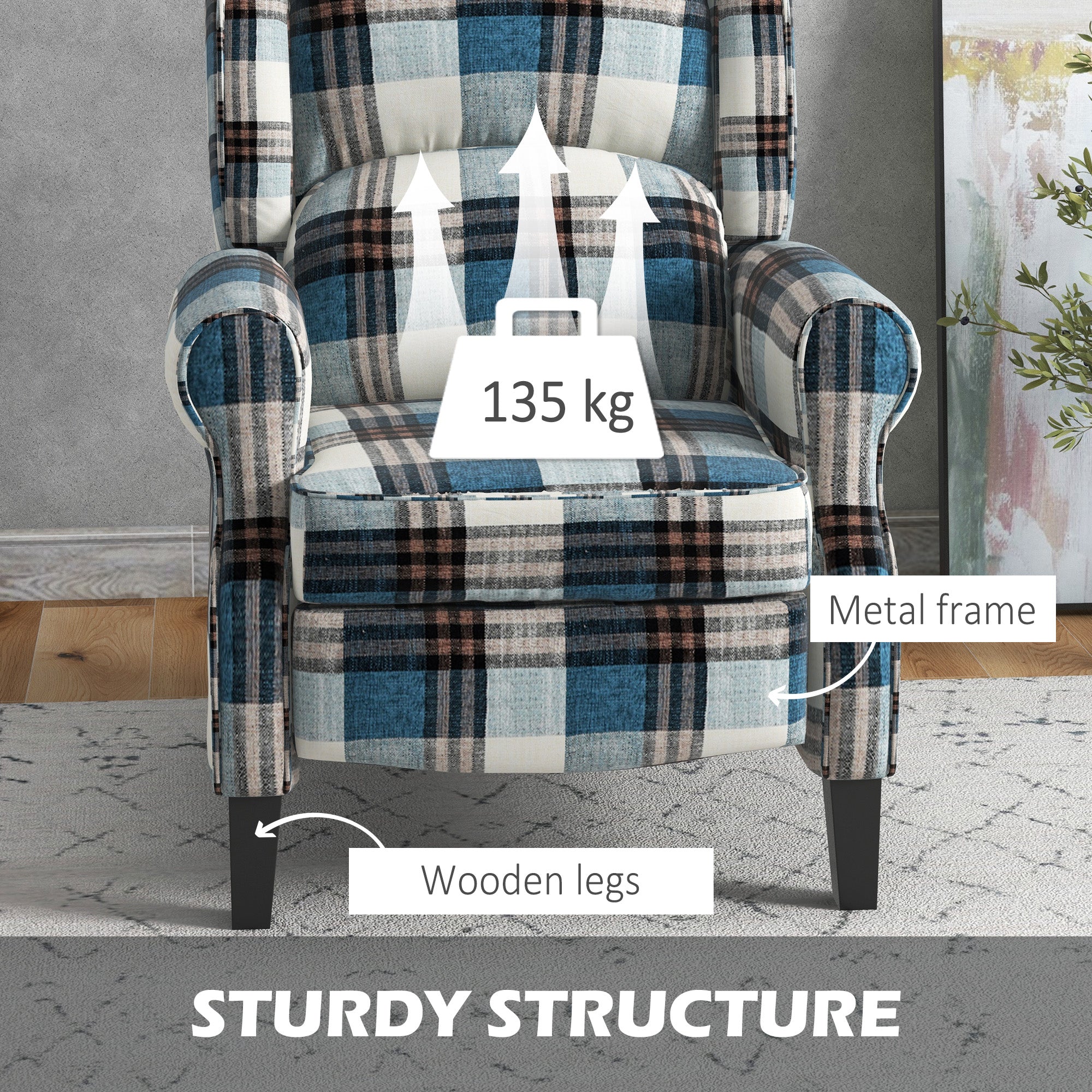 Wingback Reclining Chair Push Back Armchair with Footrest Wood Legs Blue - Image 6