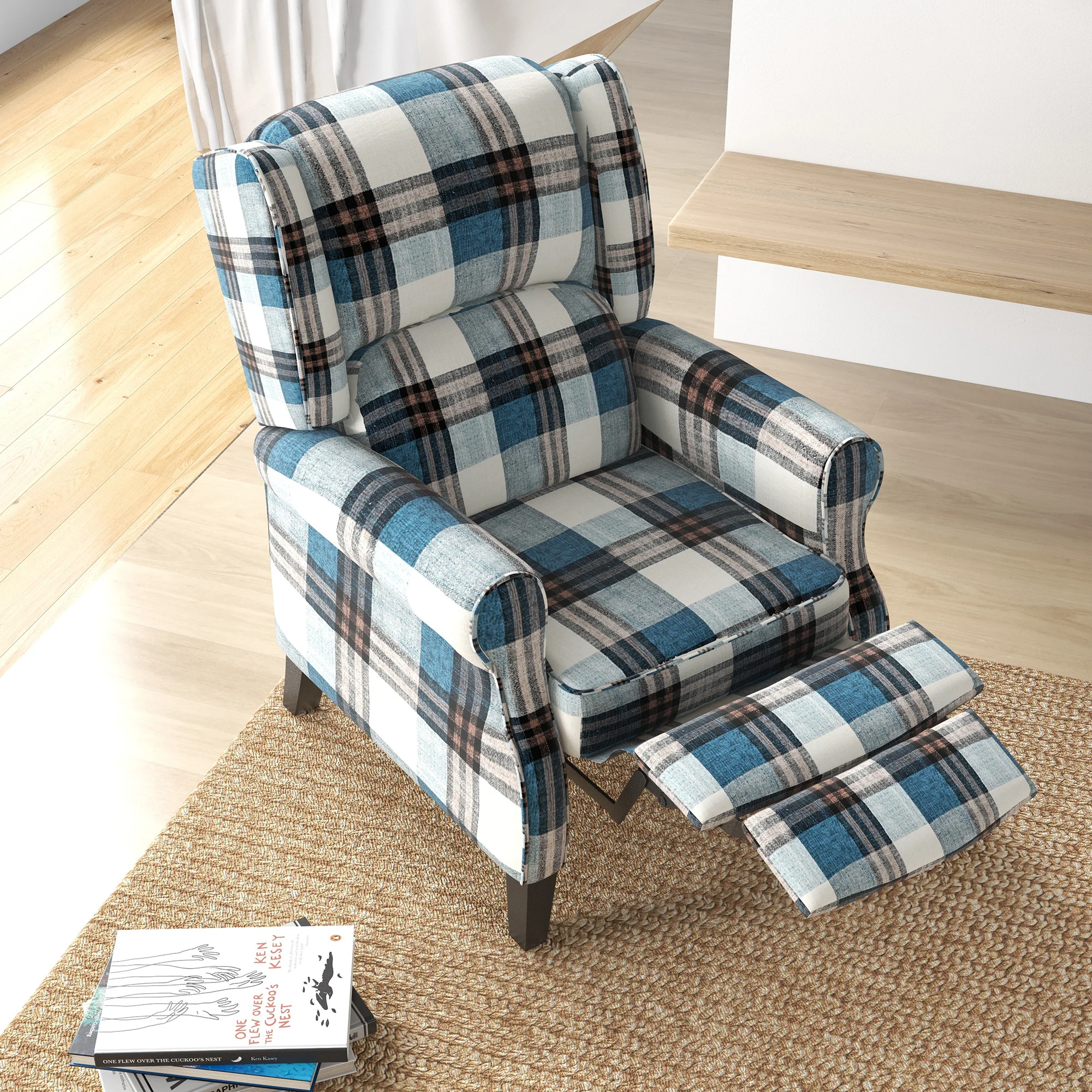 Wingback Reclining Chair Push Back Armchair with Footrest Wood Legs Blue - Image 7