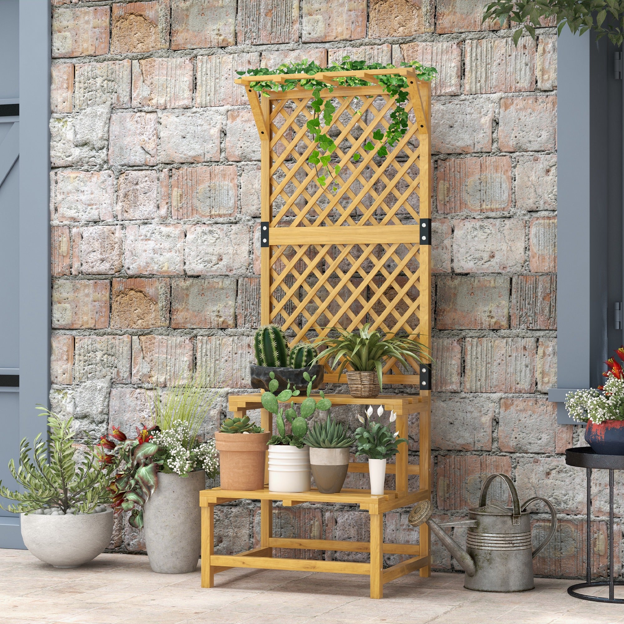 Wooden Plant Stand, 2 Levels, Trellis, Fir Wood - Image 2