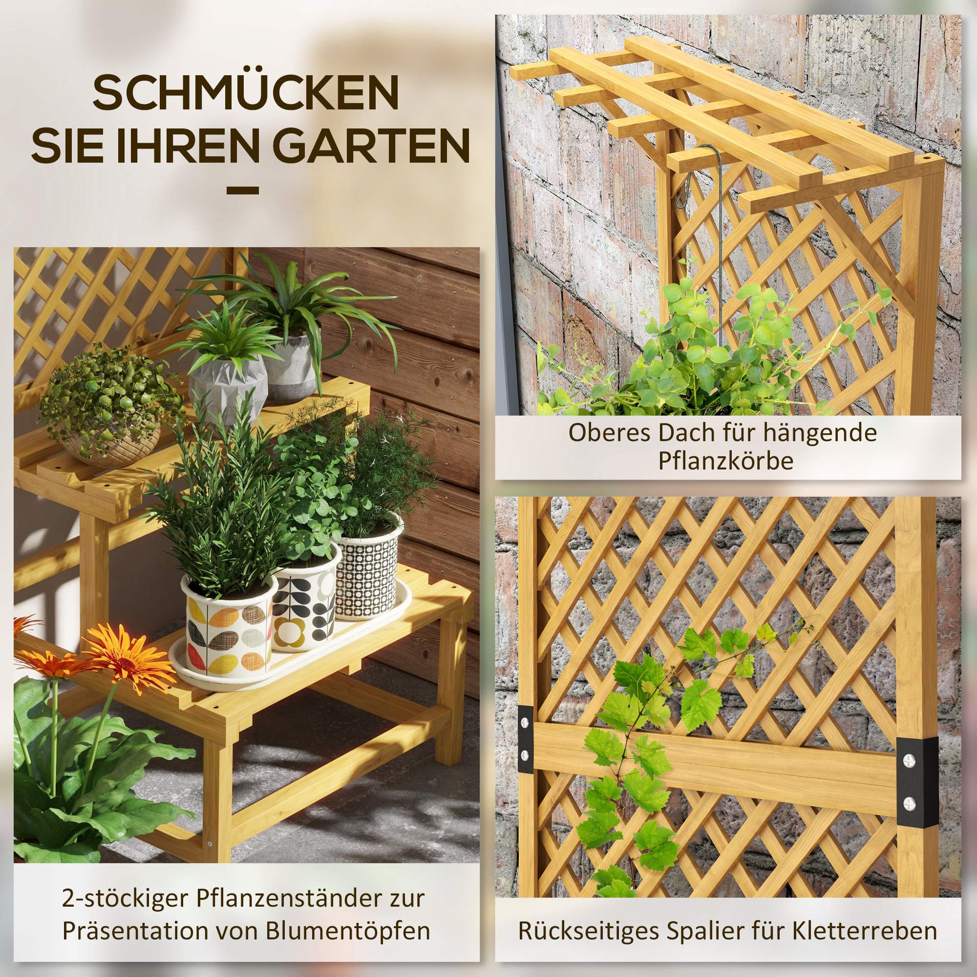 Wooden Plant Stand, 2 Levels, Trellis, Fir Wood - Image 4