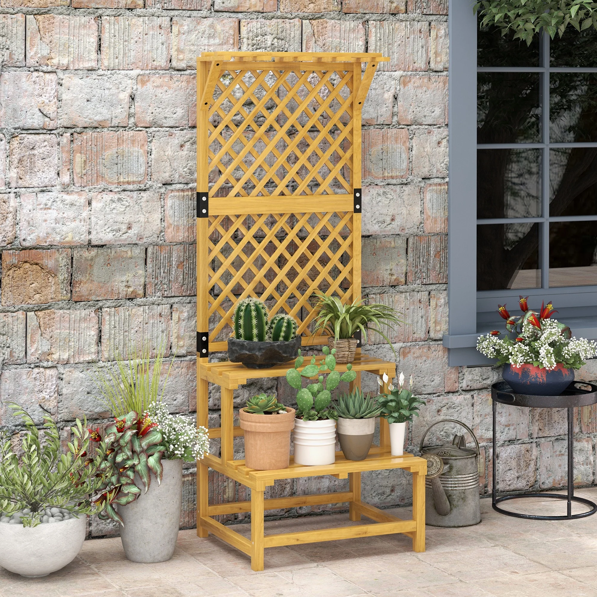 Wooden Plant Stand, 2 Levels, Trellis, Fir Wood - Image 6