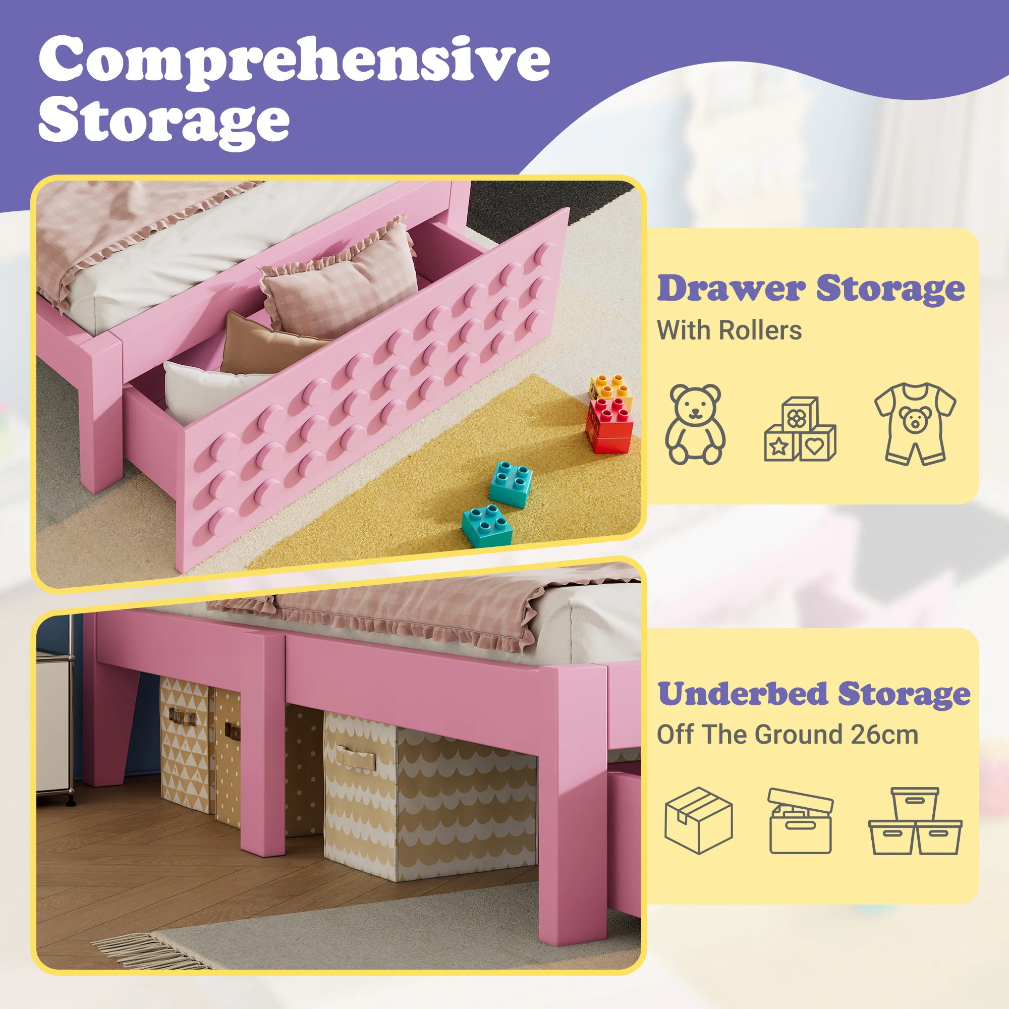Wooden Single Bed, 90x200 cm with Drawers, Pink - Image 10