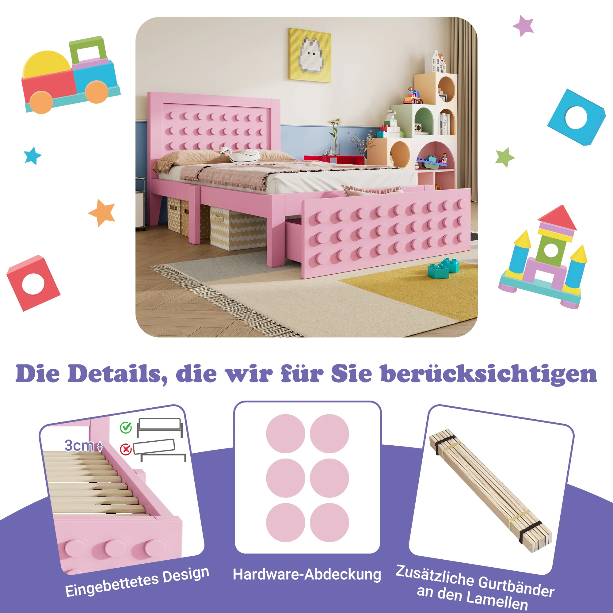 Wooden Single Bed, 90x200 cm with Drawers, Pink - Image 4