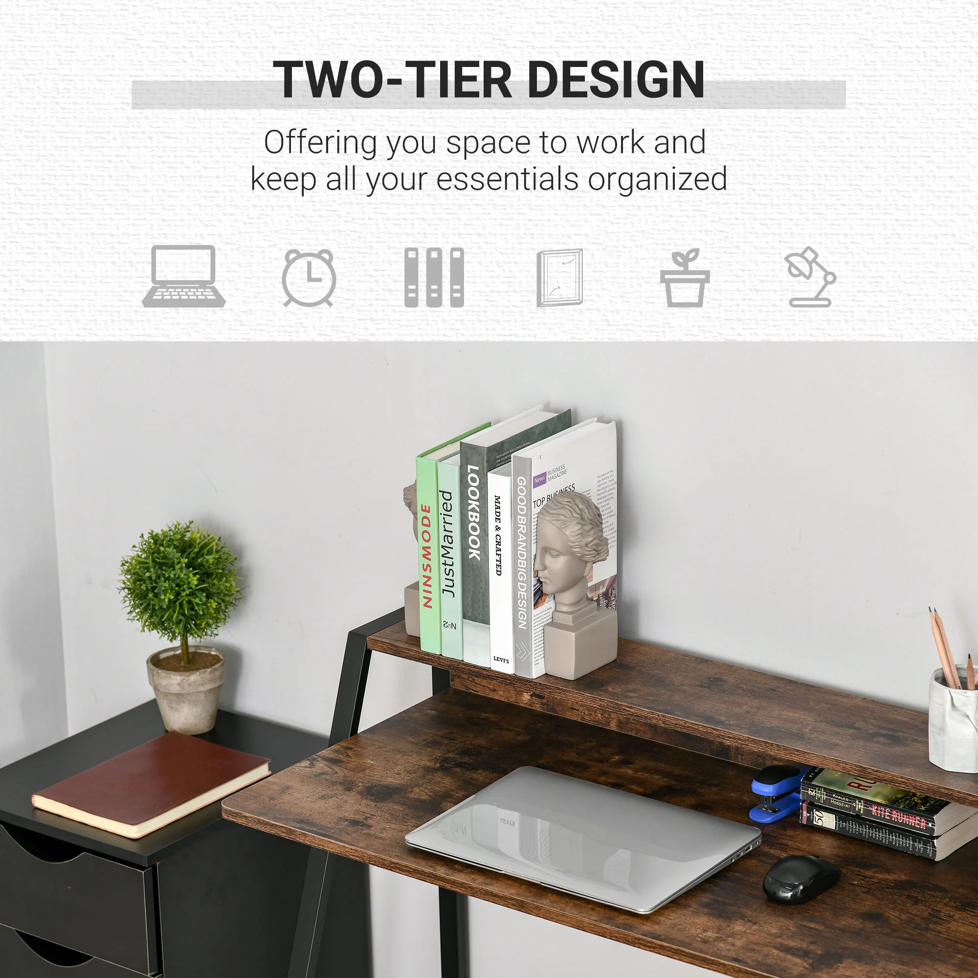 Writing Desk Computer Table Home Office Workstation Storage Shelf Rustic Brown - Image 4