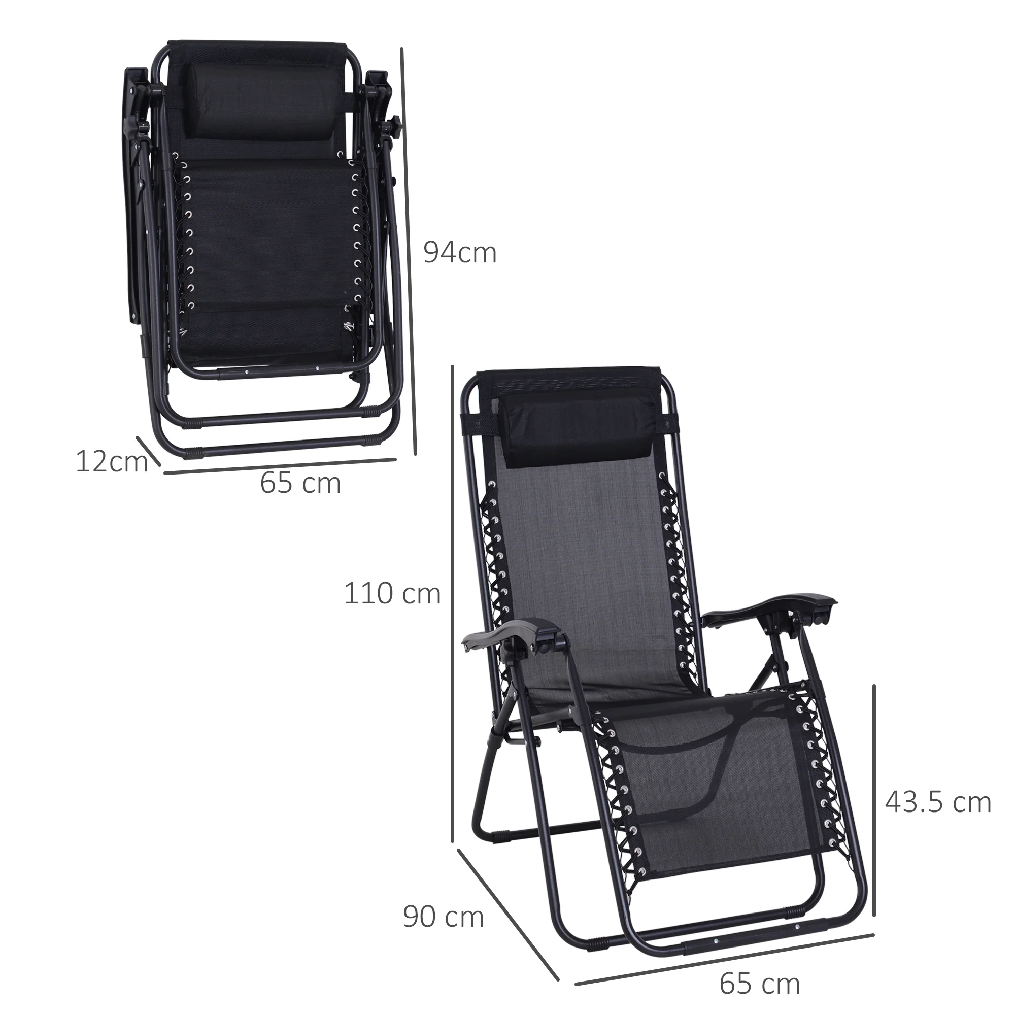 Zero Gravity Chair Folding and Reclining Sun Lounger with Head Pillow, Texteline Black - Image 3