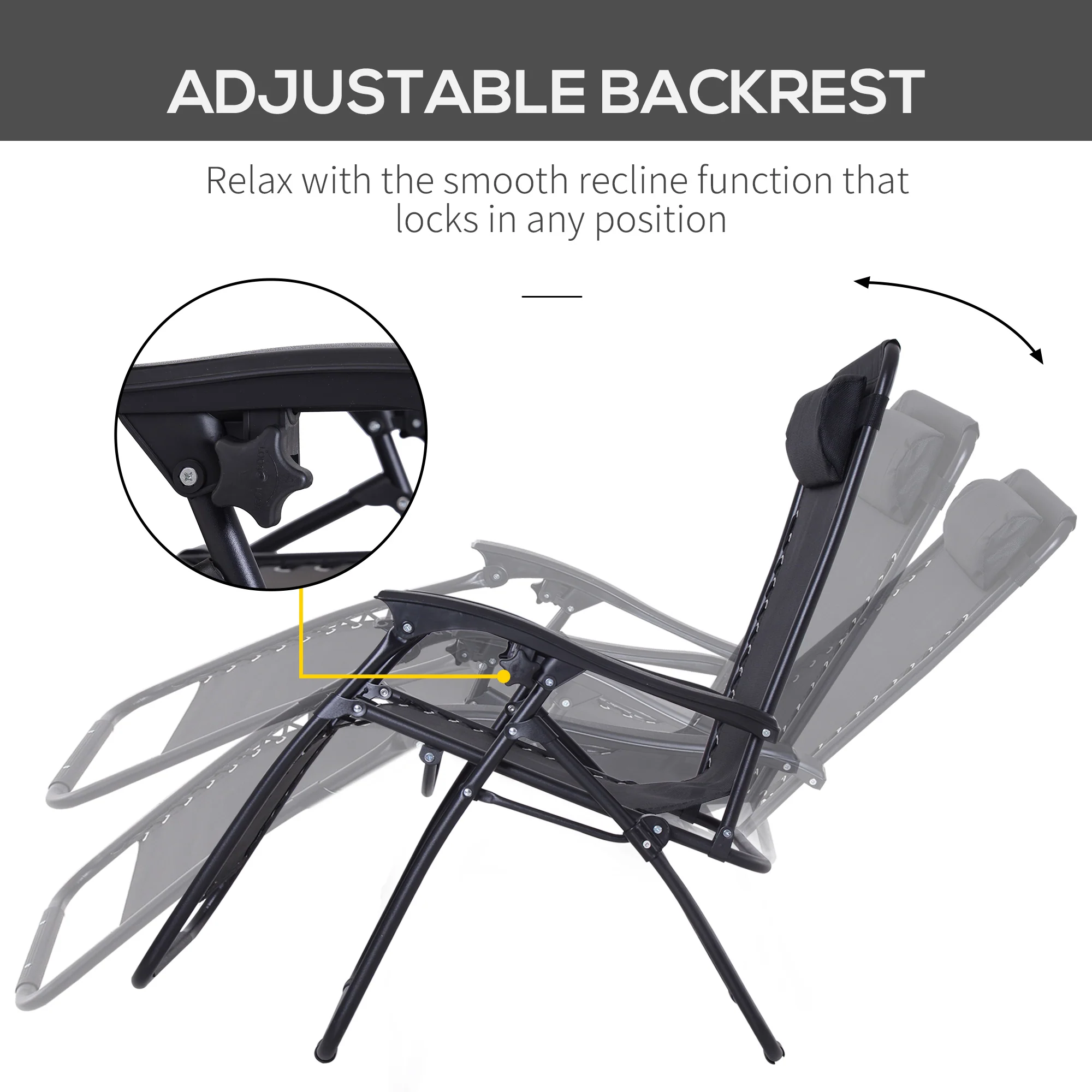Zero Gravity Chair Folding and Reclining Sun Lounger with Head Pillow, Texteline Black - Image 4