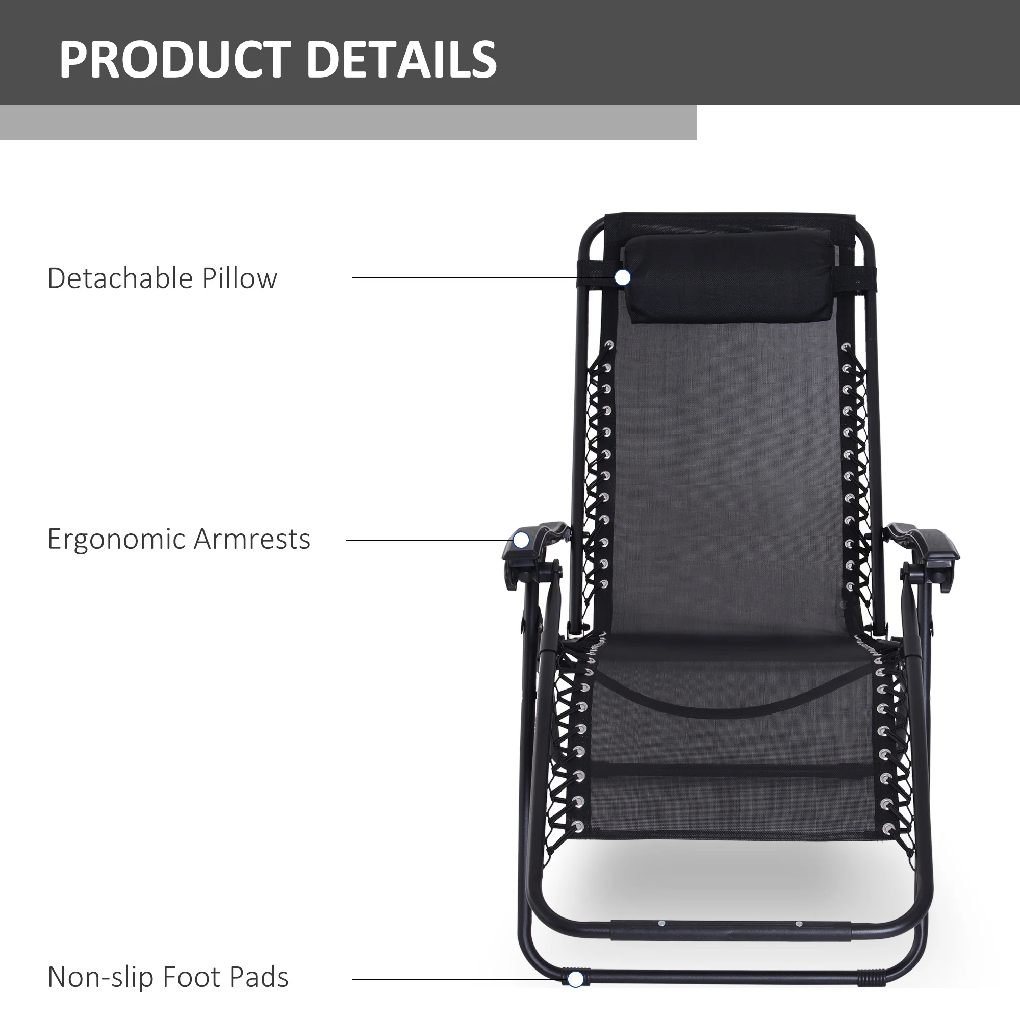 Zero Gravity Chair Folding and Reclining Sun Lounger with Head Pillow, Texteline Black - Image 5