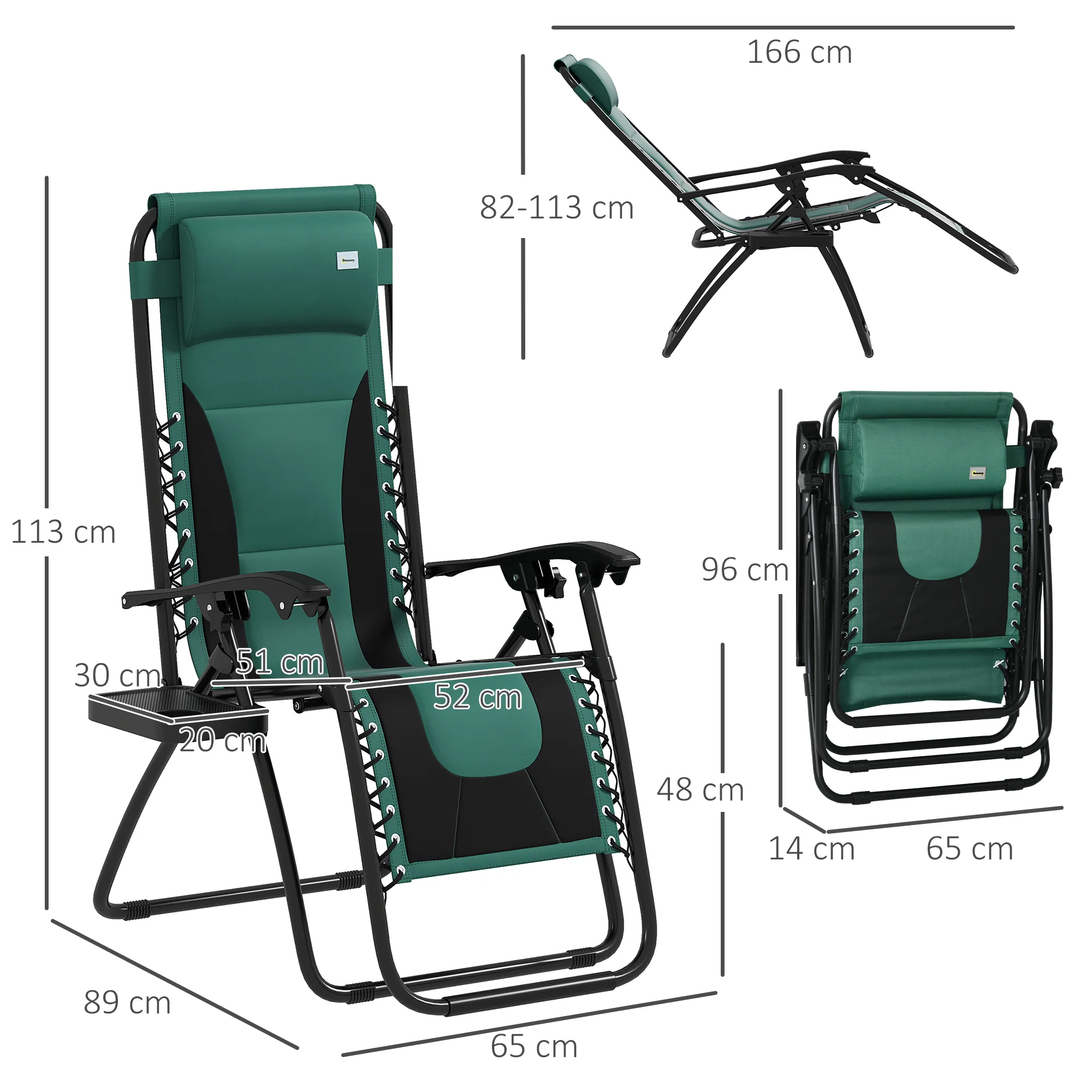 Zero Gravity Lounger Chair Set of 2, Folding Reclining with Padded Seat, Green - Image 3