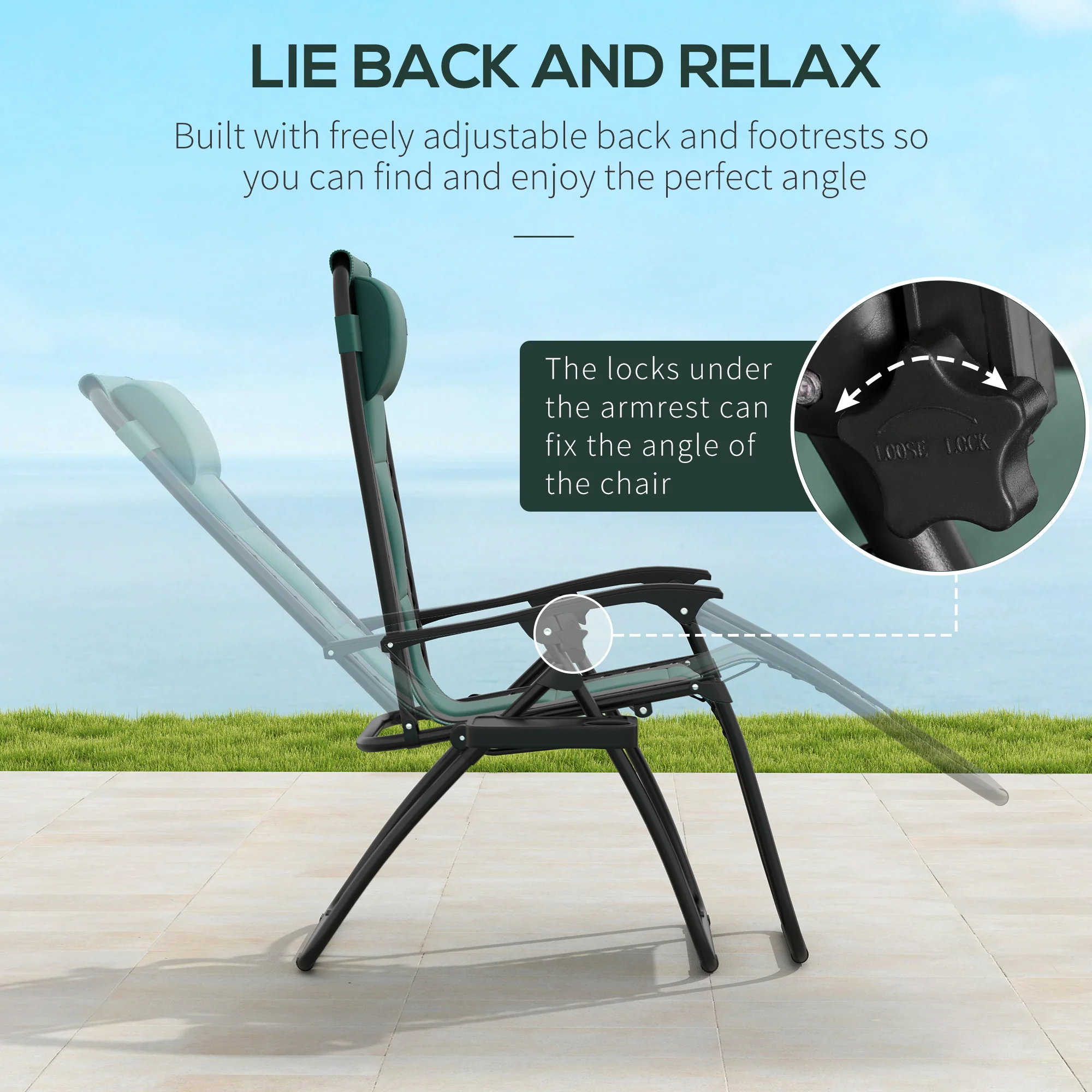 Zero Gravity Lounger Chair Set of 2, Folding Reclining with Padded Seat, Green - Image 4